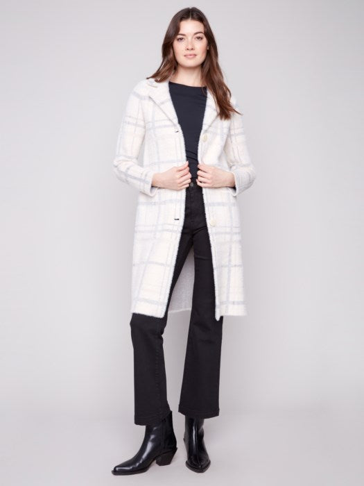Charlie B Ivory Long Plaid Knit Coatigan