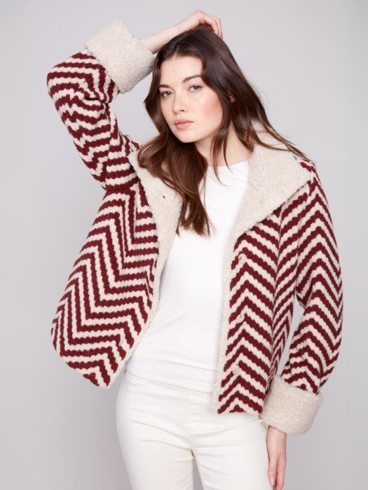 Charlie B Chevron Bouclé Short Jacket With Sherpa Trim