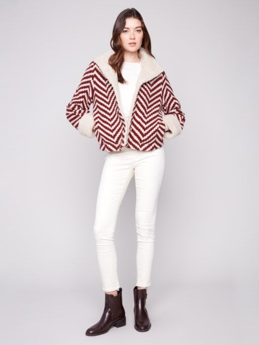 Charlie B Chevron Bouclé Short Jacket With Sherpa Trim