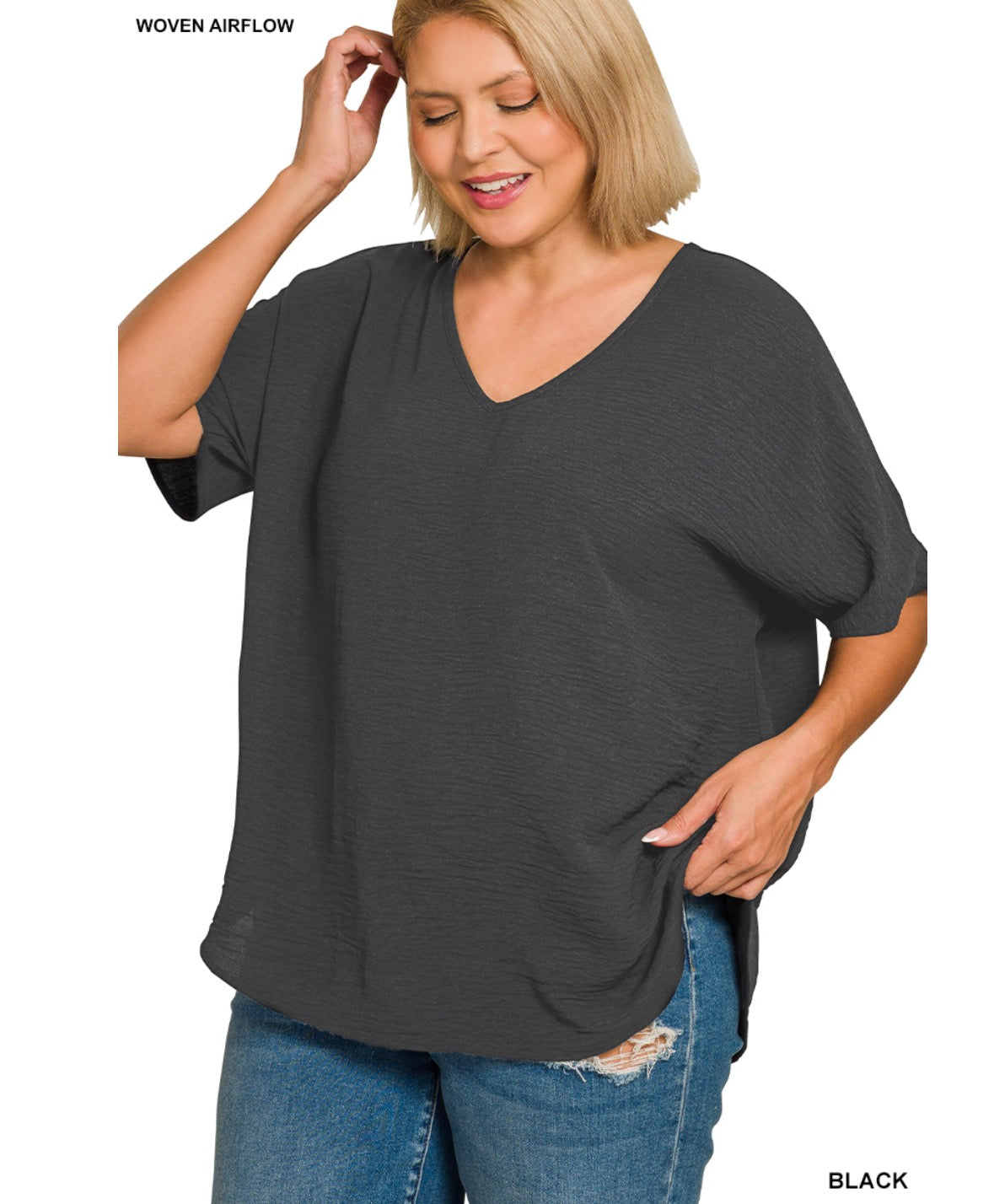 Zenana Plus woven airflow V-neck short sleeve top - black