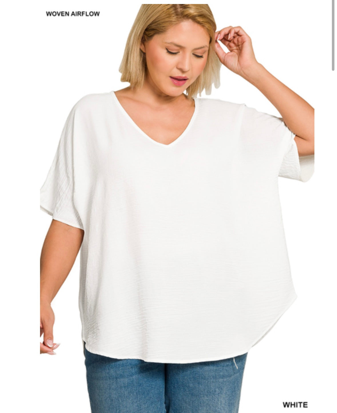 Zenana Plus woven airflow V-neck short sleeve top - White