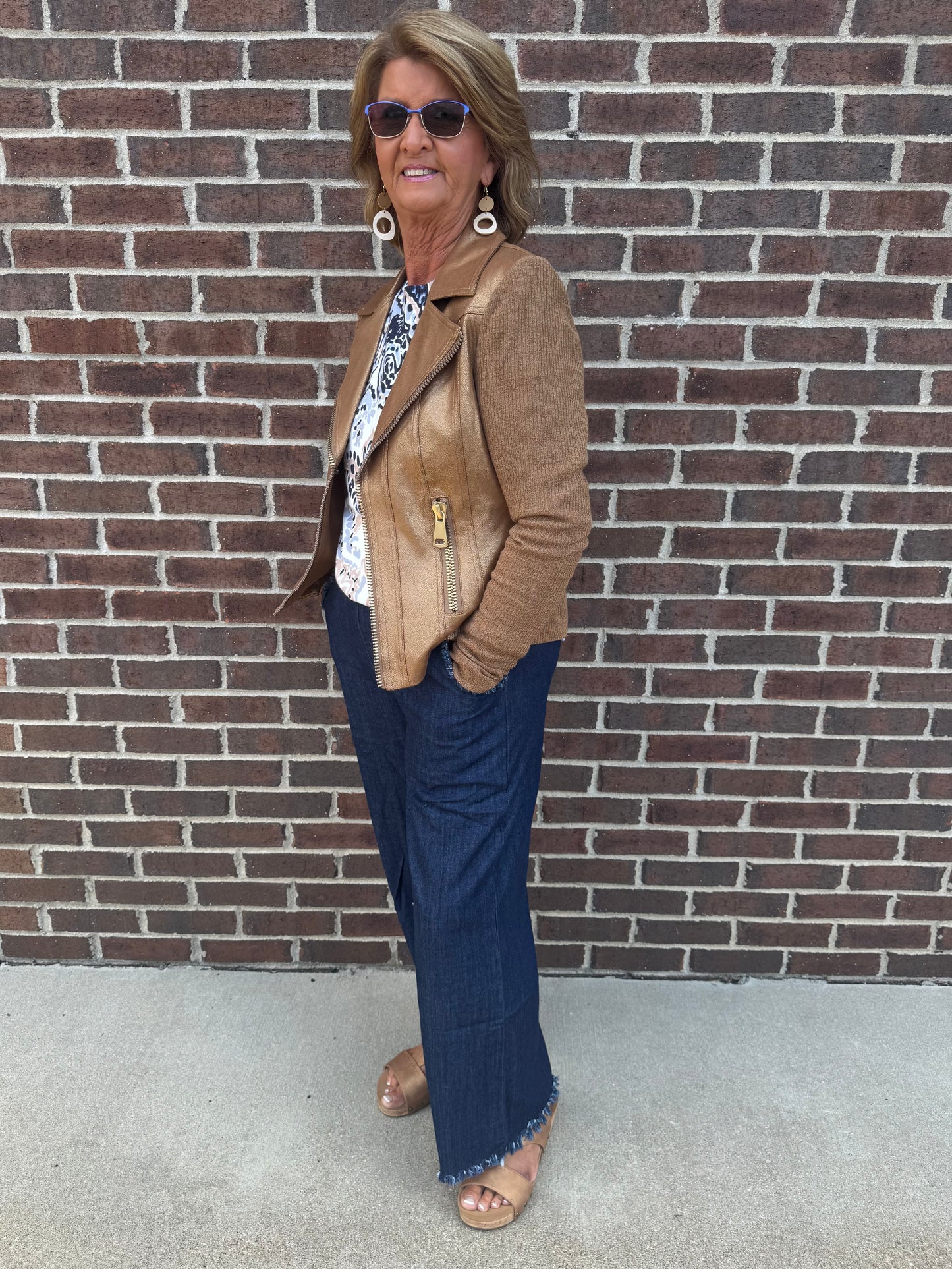 Charlie B Copper Vintage Metallic Faux Leather And Rib Knit Jacket