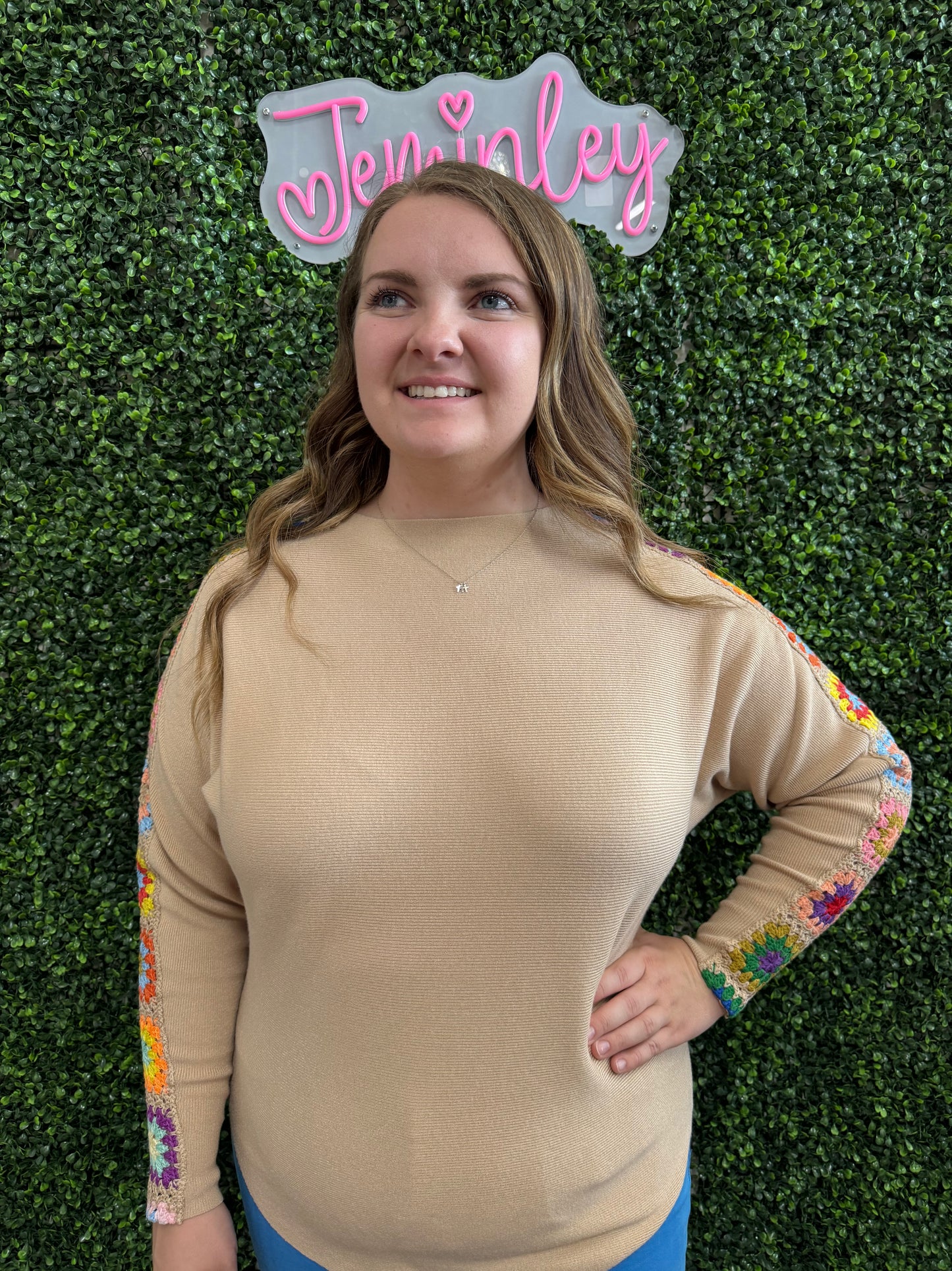 Keren Hart Beige Ribbed Sweater with Granny Knit Sleeve