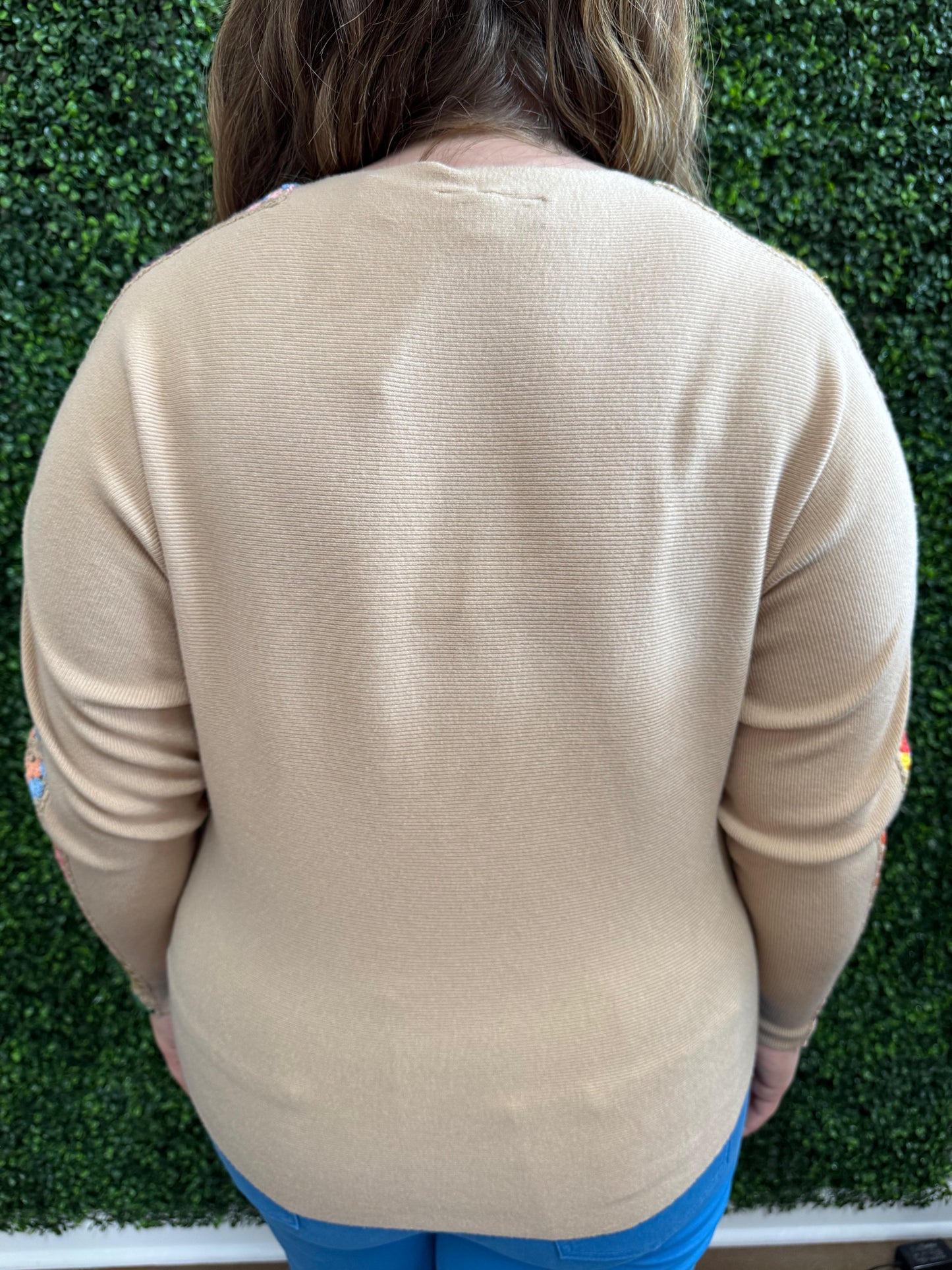 Keren Hart Beige Ribbed Sweater with Granny Knit Sleeve