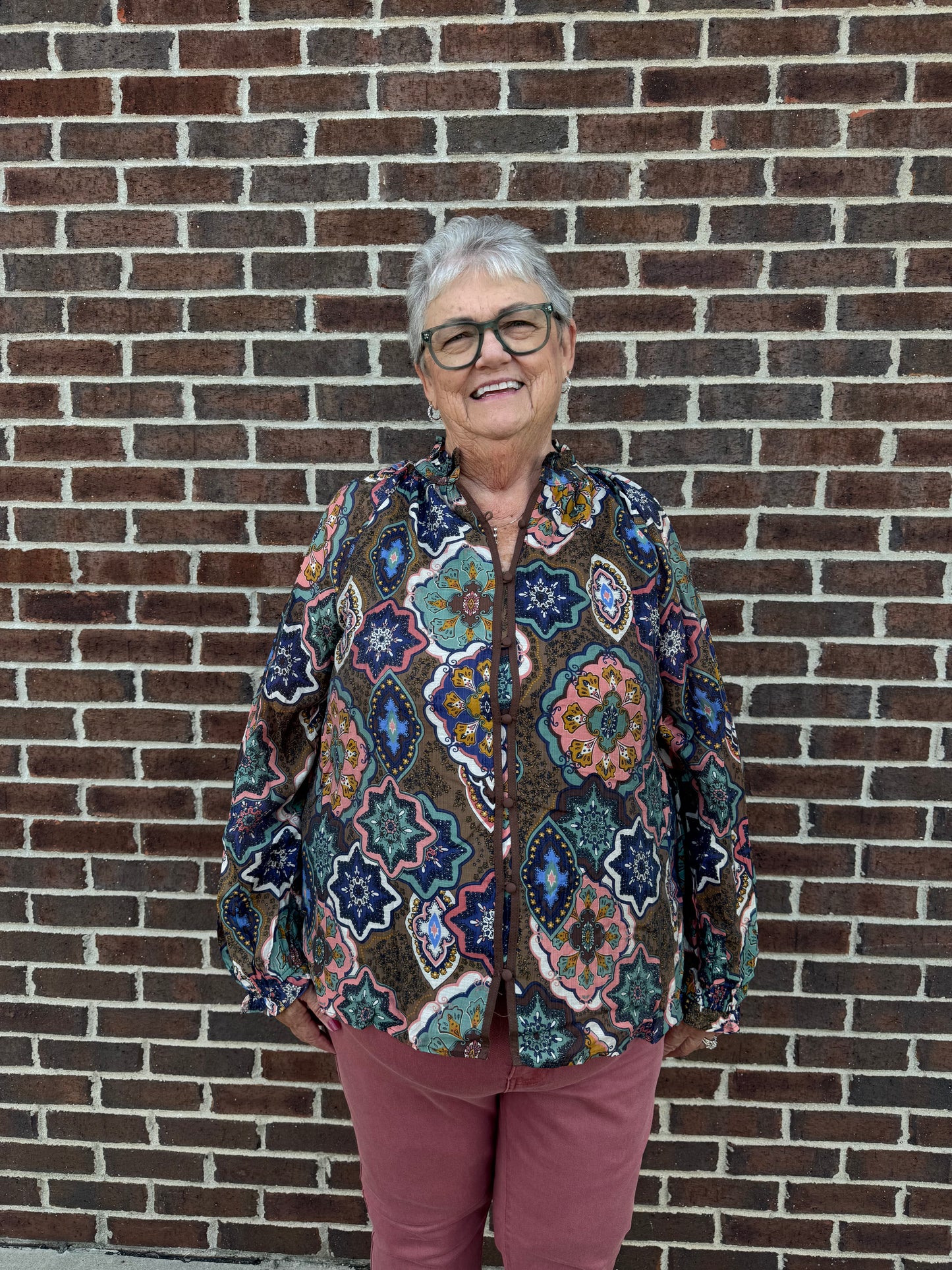 Umgee Boho Mosaic Print Button Down Blouse
