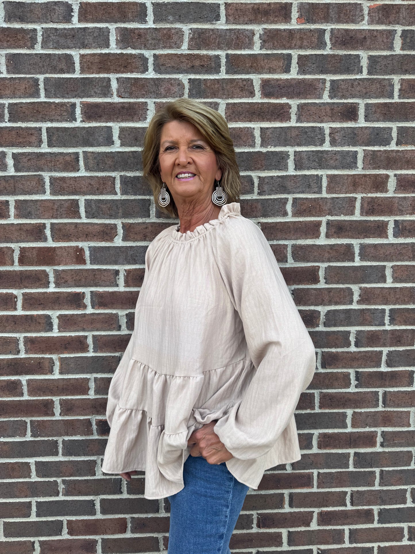 Carole Christian Long Sleeve Tiered Top with Ruffle Neckline - Khaki