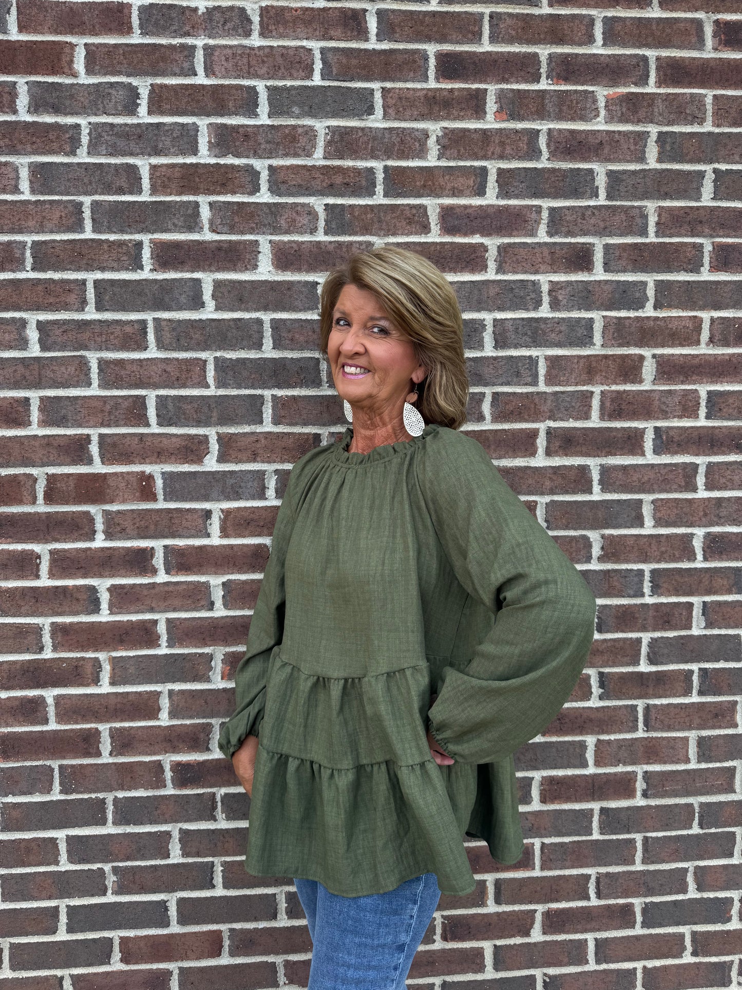 Carole Christian Long Sleeve Tiered Top with Ruffle Neckline - Olive