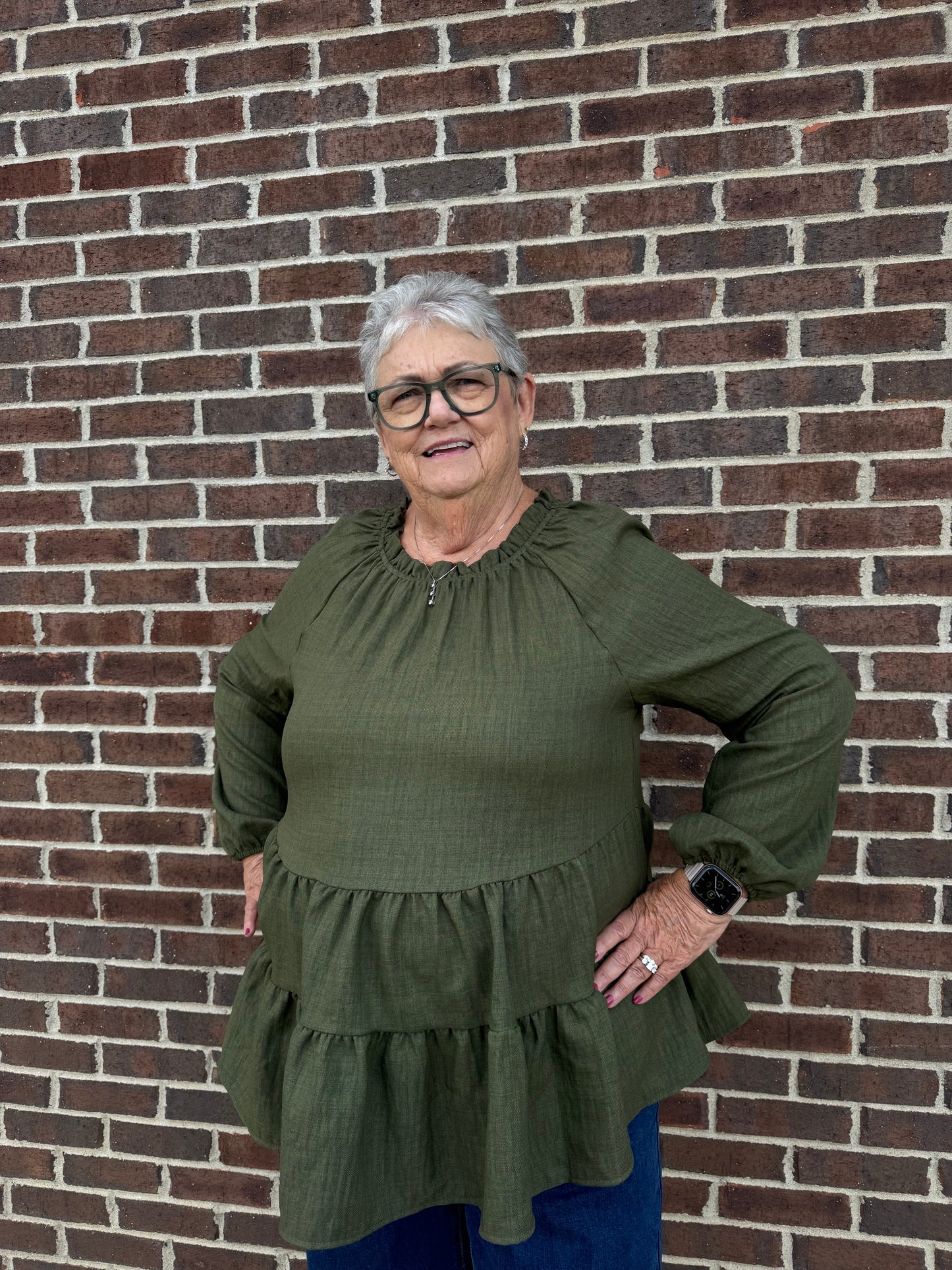 Carole Christian Long Sleeve Tiered Top with Ruffle Neckline - Olive