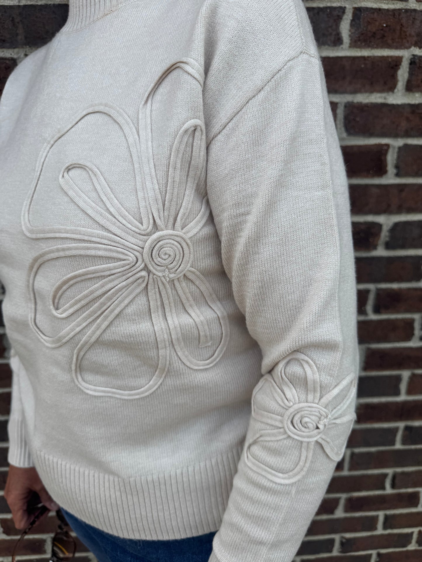 Charlie B Oat Crew Neck Floral Soutache Sweater