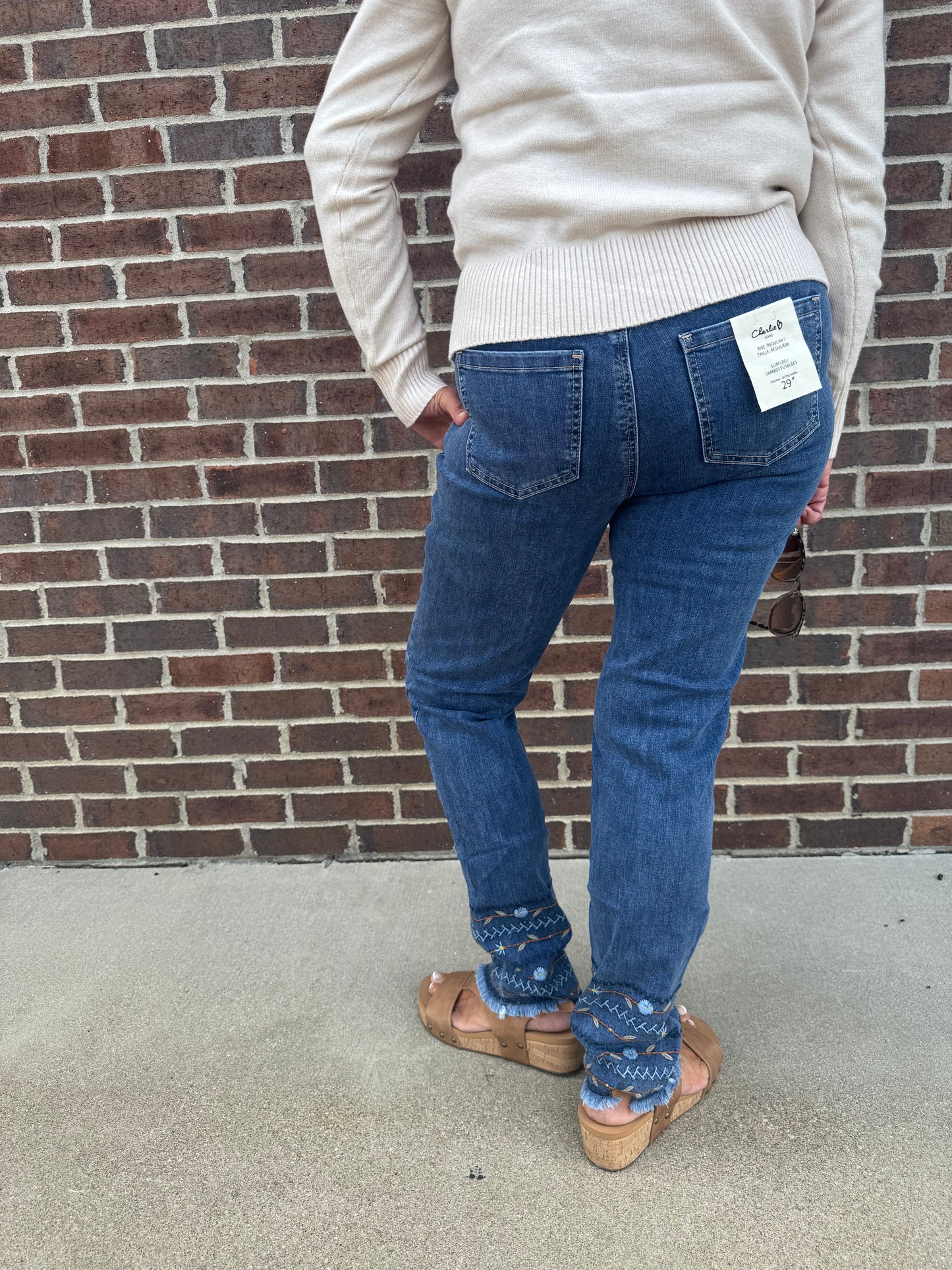 Charlie B Medium Blue Embroidered Hem Jeans