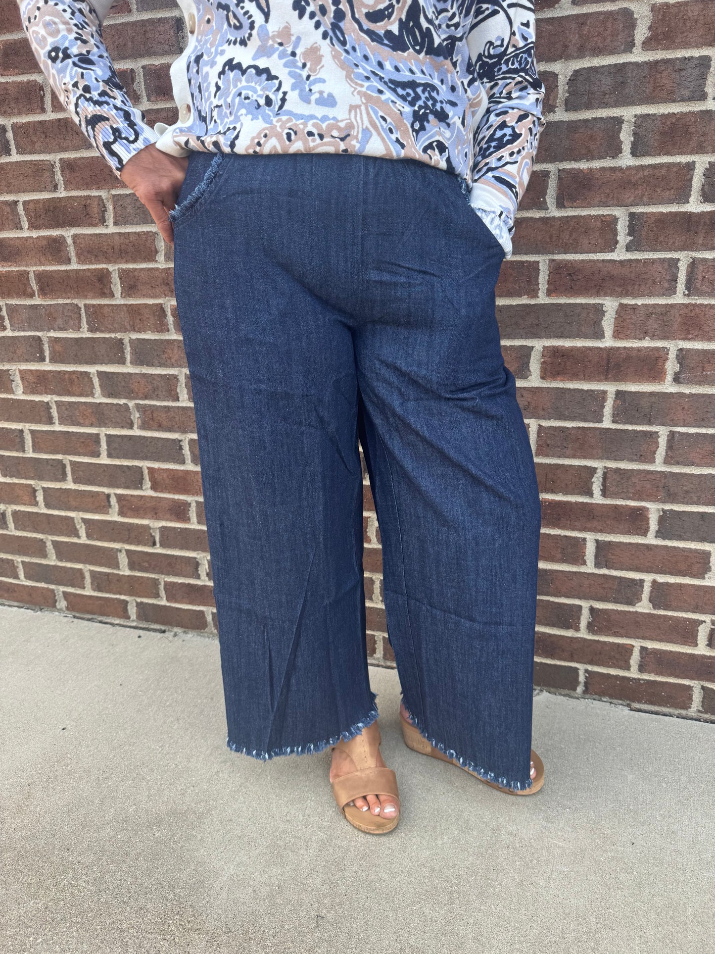 Umgee Washed Denim Pants with Fringe Hem - 2 Colors - Small -2X