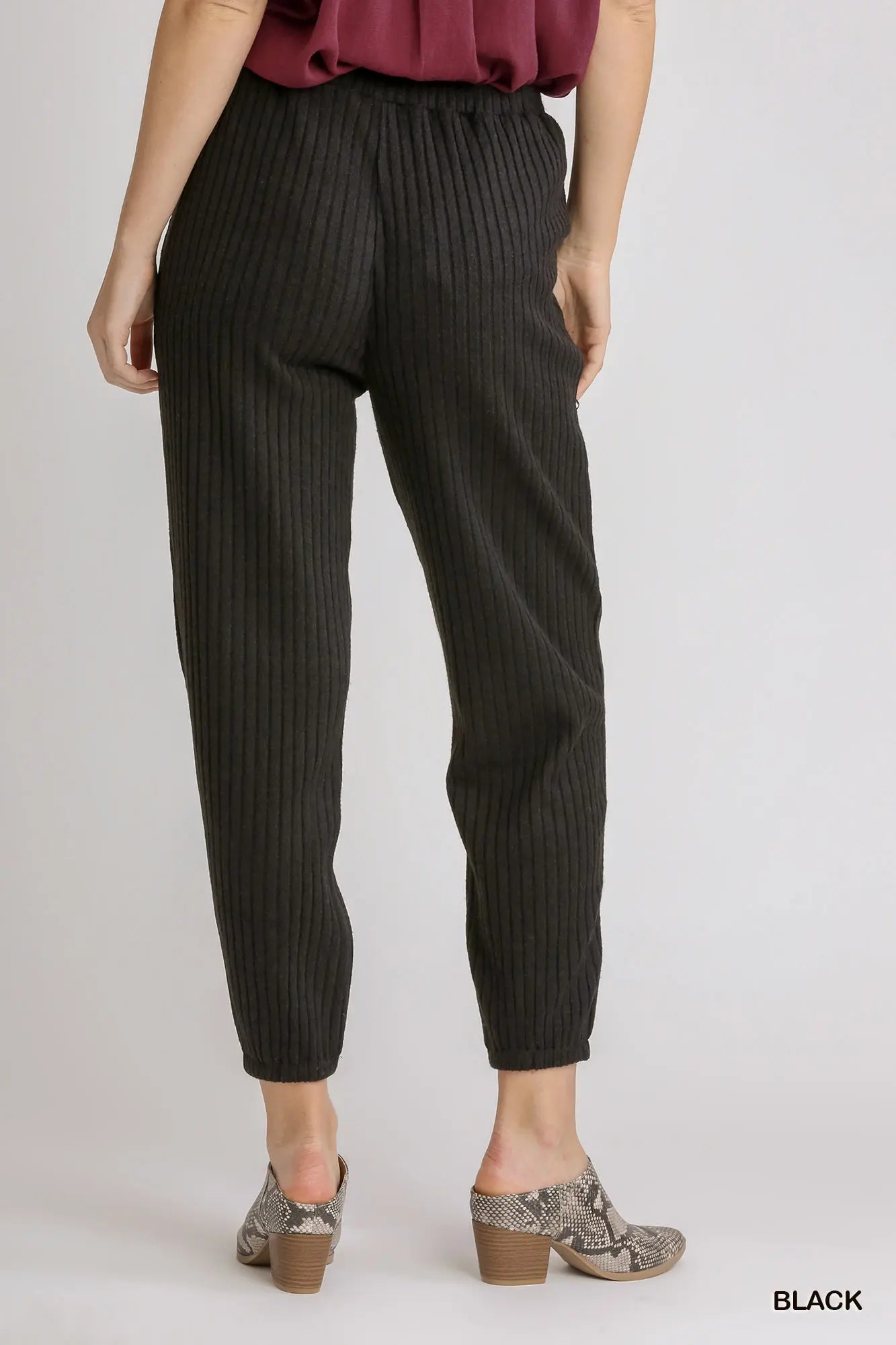 Umgee Ribbed Knit Jogger with Elastic Waistband and Pockets