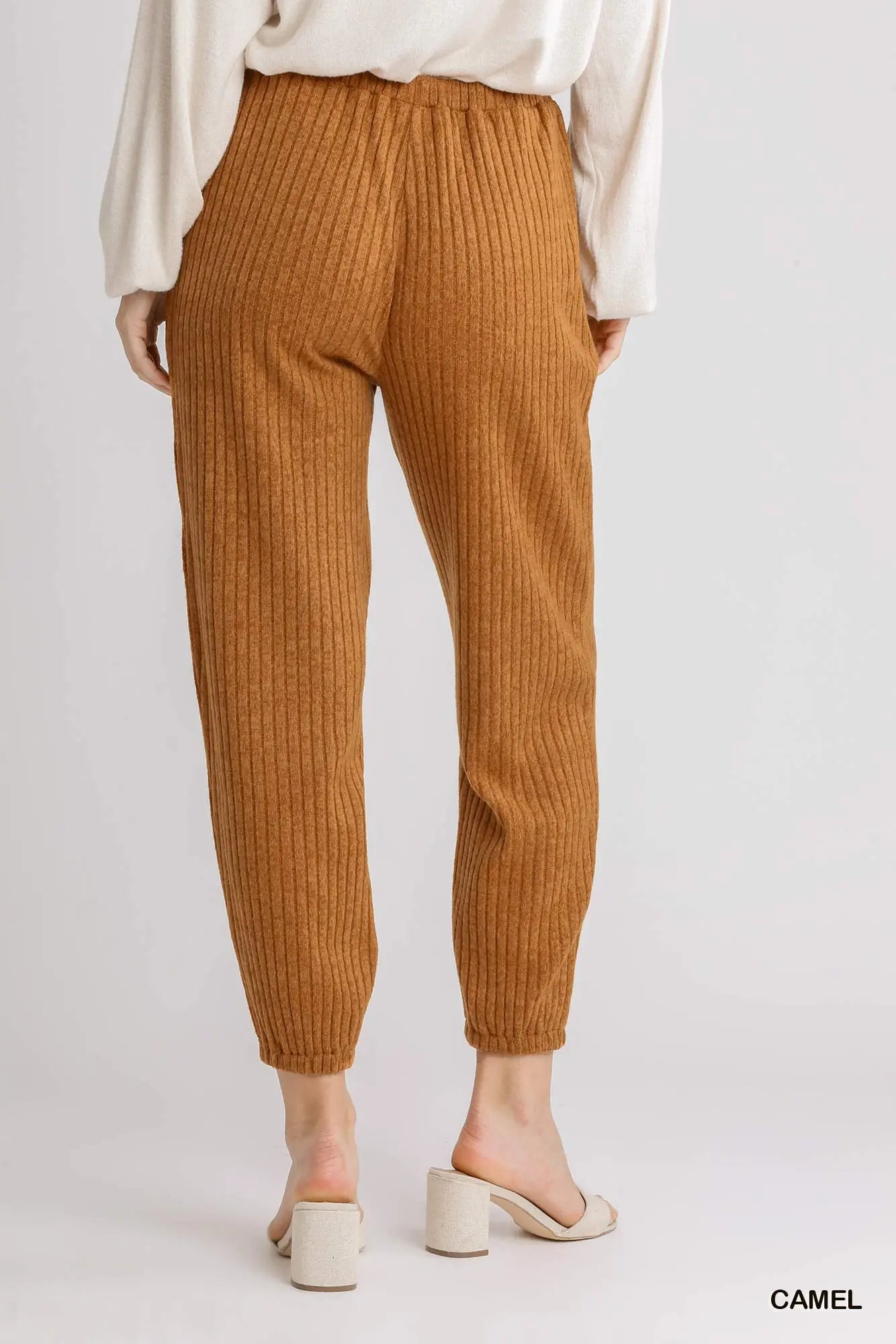 Umgee Ribbed Knit Jogger with Elastic Waistband and Pockets - camel