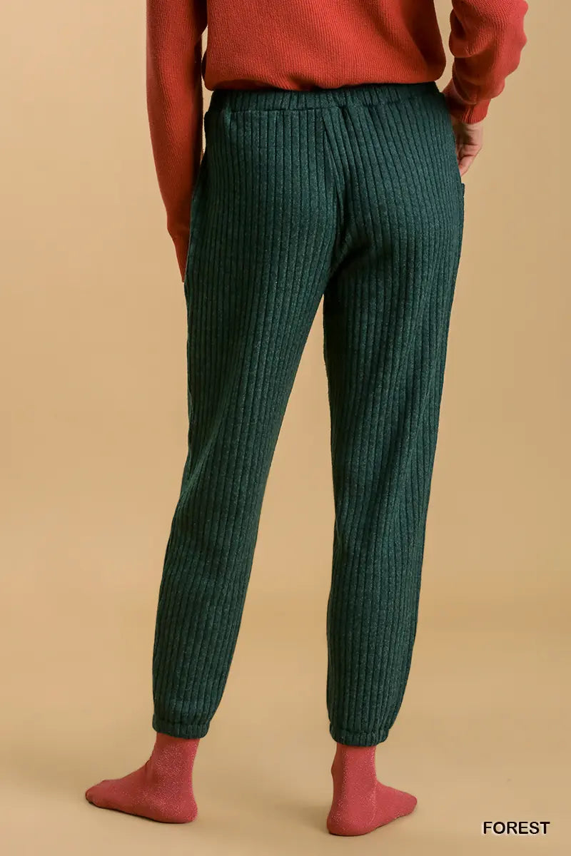 Umgee Ribbed Knit Jogger with Elastic Waistband and Pockets - Forest Green