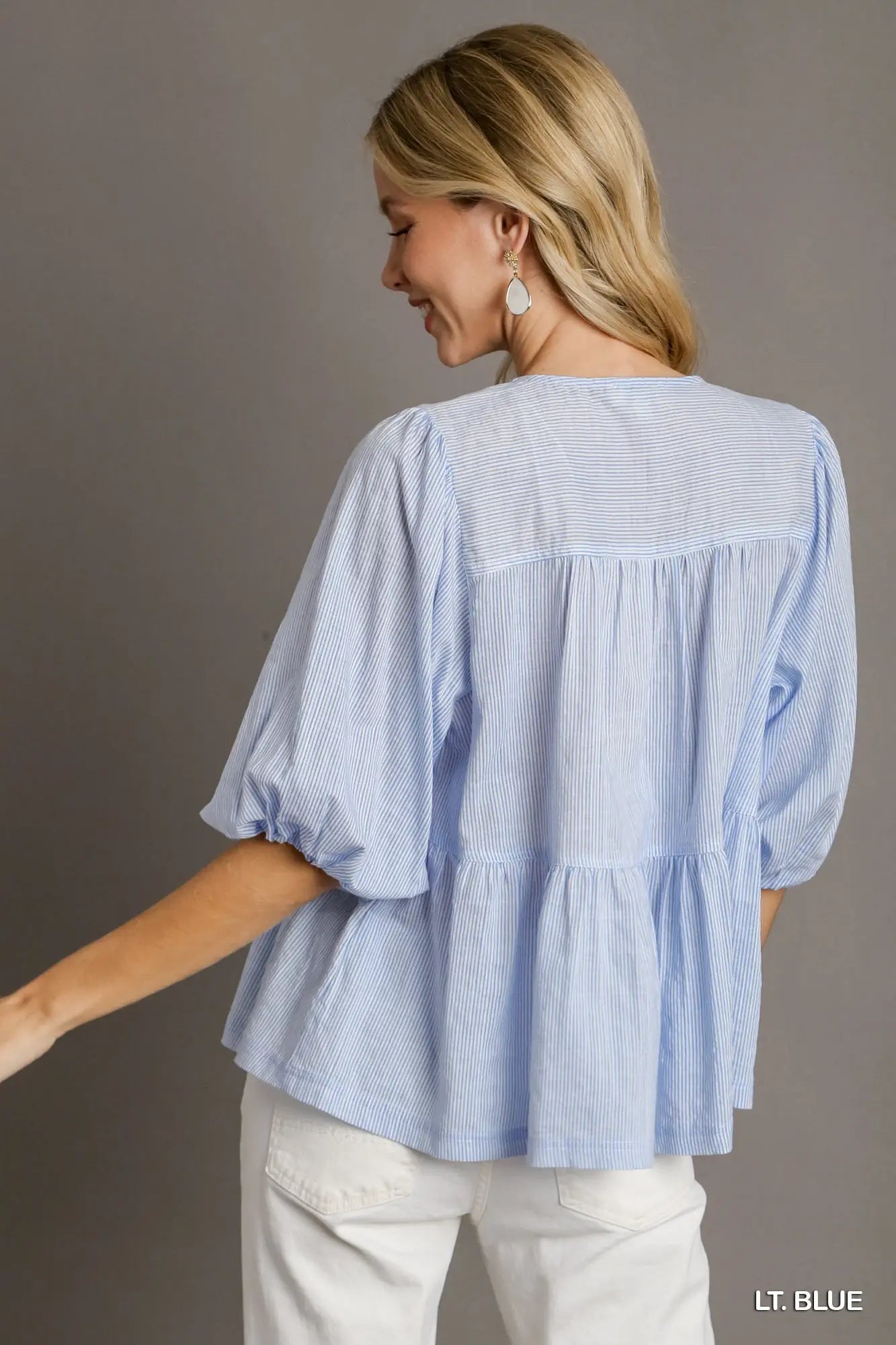 Umgee Baby Doll Split Neck Front Tie Top & 3/4 Puff Sleeves - light blue