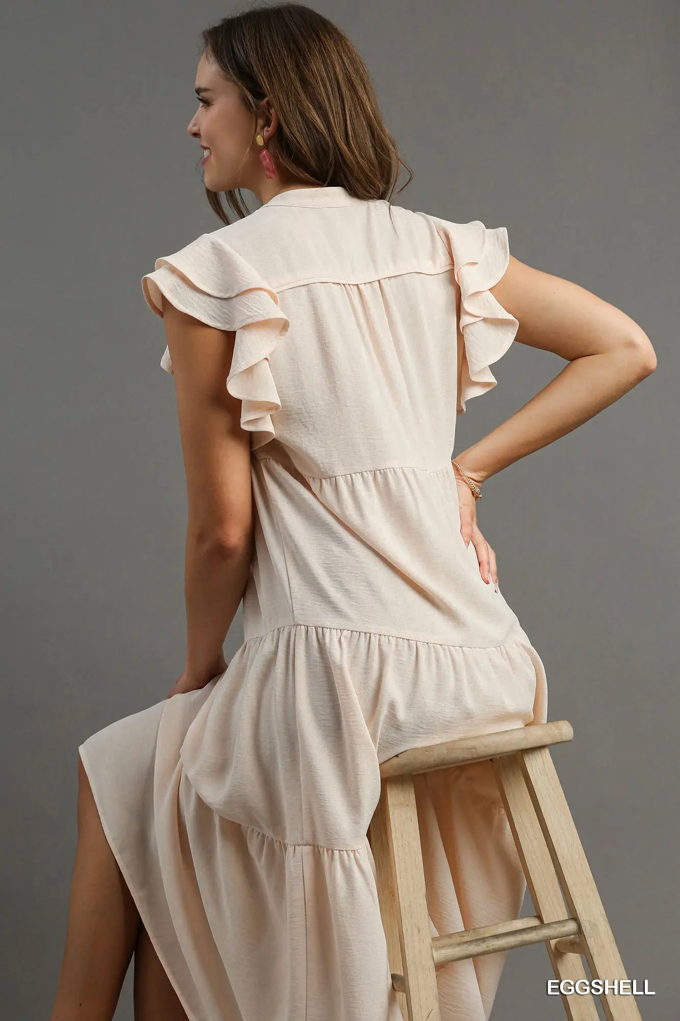 Umgee Solid Split Neck Midi Dress - Eggshell