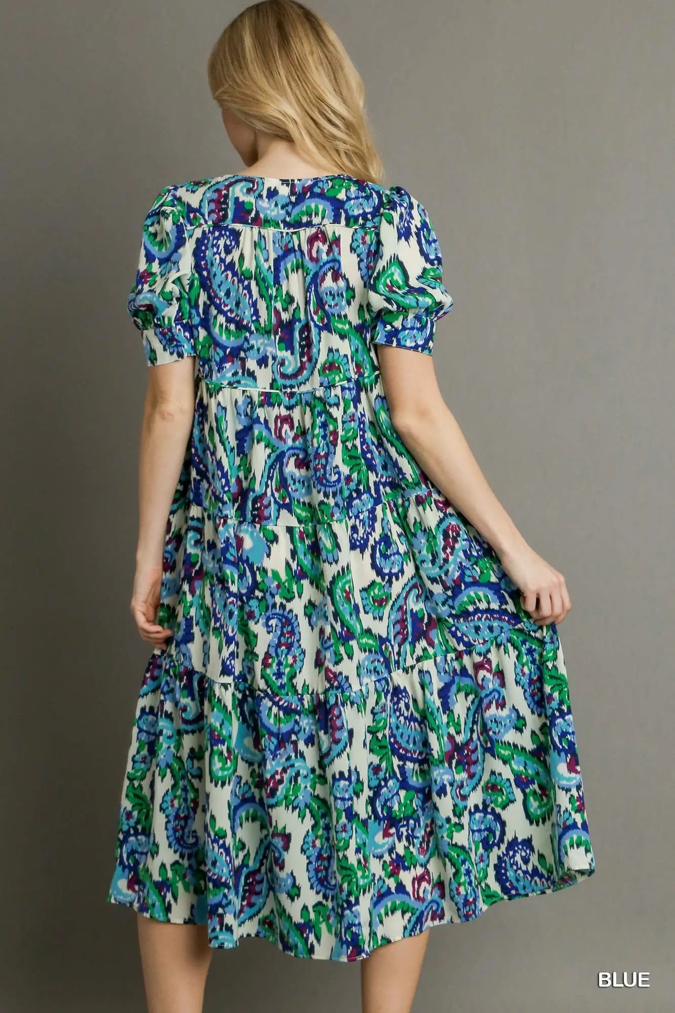 Umgee Paisley V-Neck Tiered Mid Button Down Midi Dress