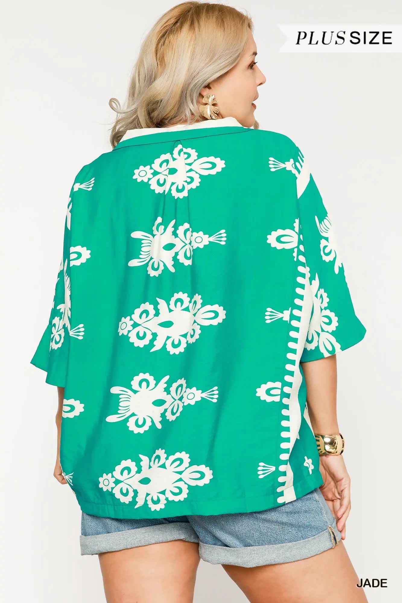 Umgee Plus Oversized Border Print Top - Jade