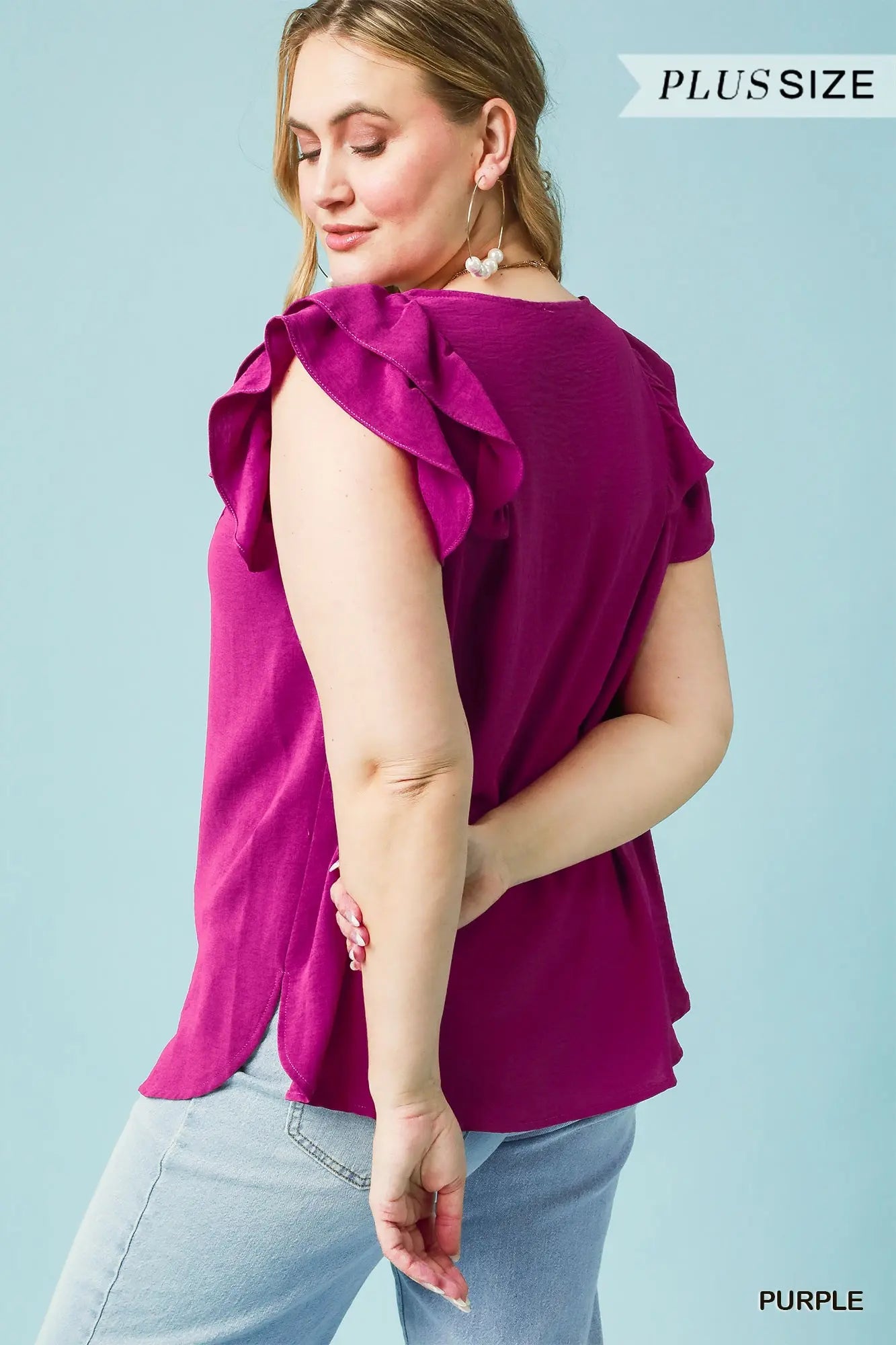 Umgee Plus Ruffle Edge V-Neck Top - Purple