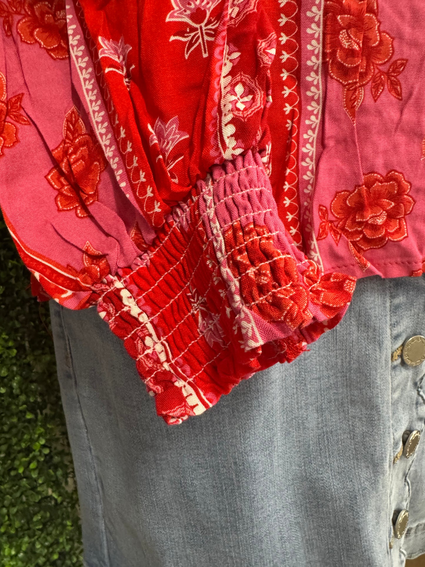 Keren Hart Red & Pink Rose Patterned Blouse with Neck Tie