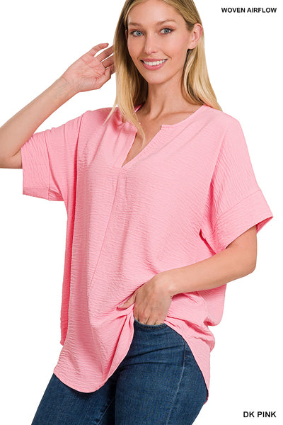 Woven airflow split neck short sleeve top - Pink