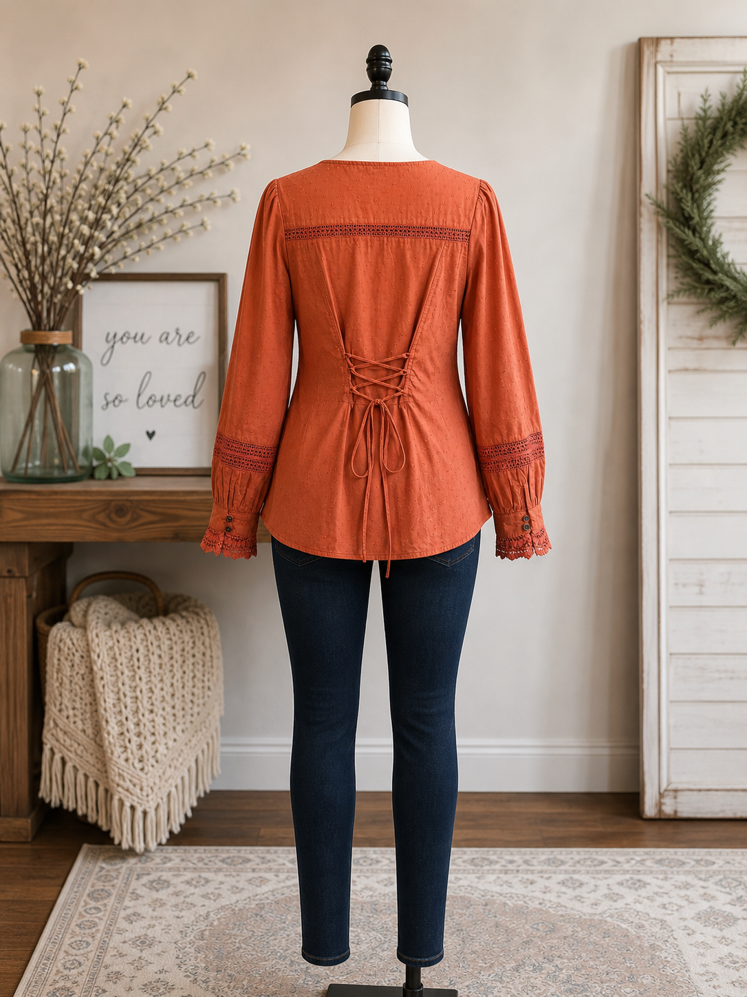 Rust Lace Detail Button Top with Tie Back