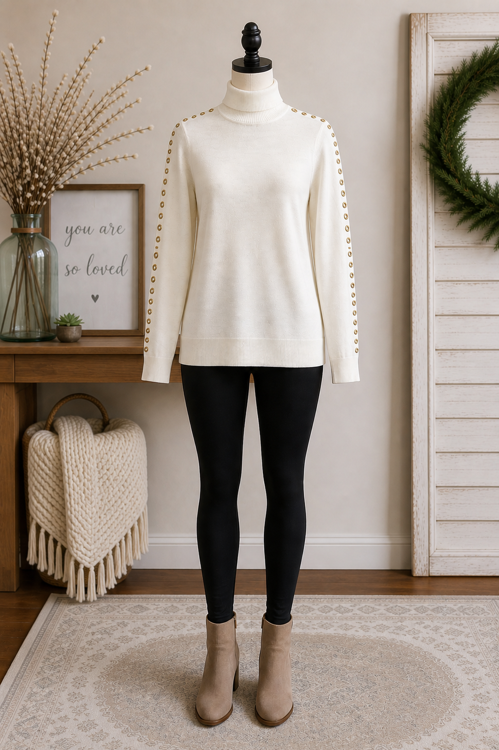Keren Hart Ivory Turtleneck Sweater with Gold Detail