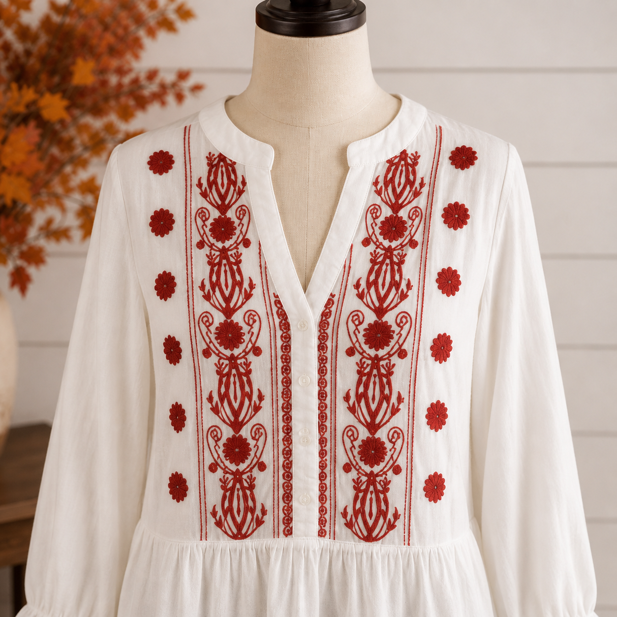 White Tunic Ruffle Top with Red Embroidery