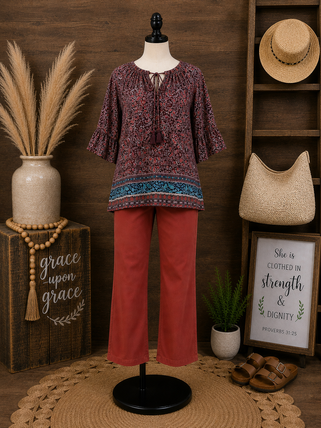 Burgundy Paisley Ruffle Hem Top