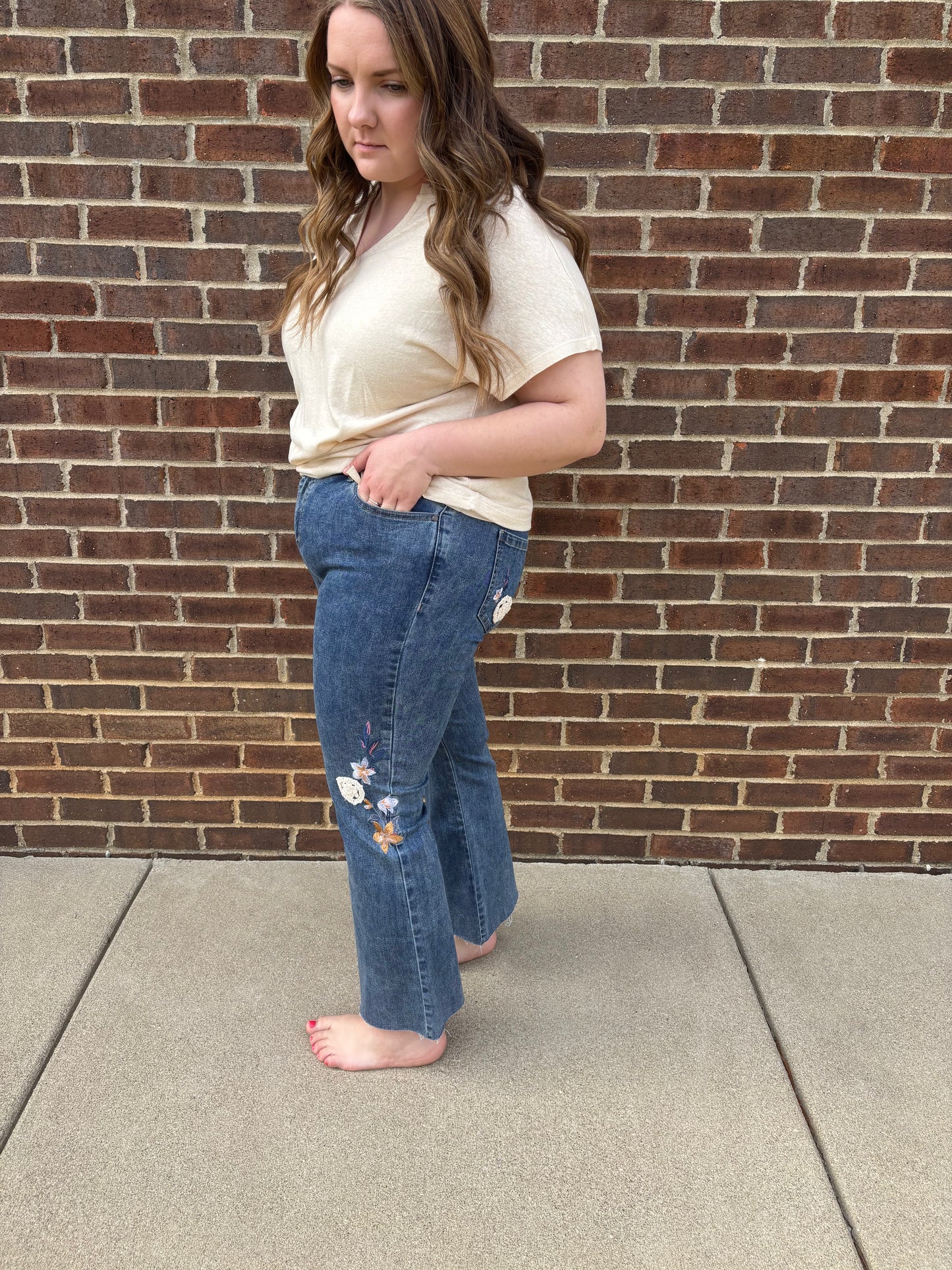 Charlie B Floral Embroidered Crochet Jeans