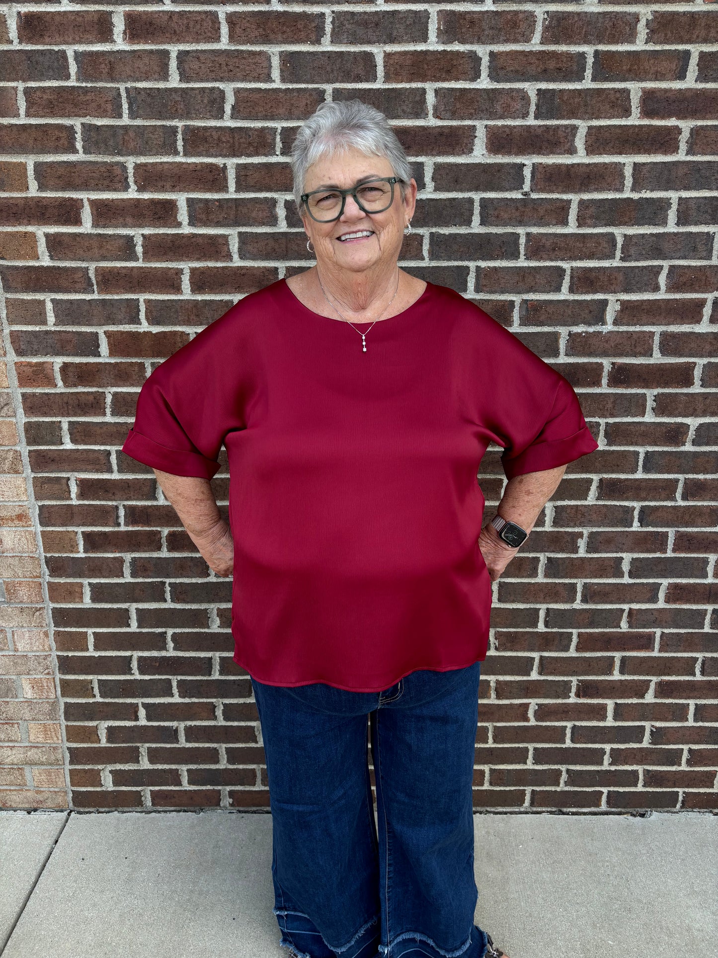 Carole Christian Split Hem Round Neck Top with Cuffed Sleeves - Burgundy