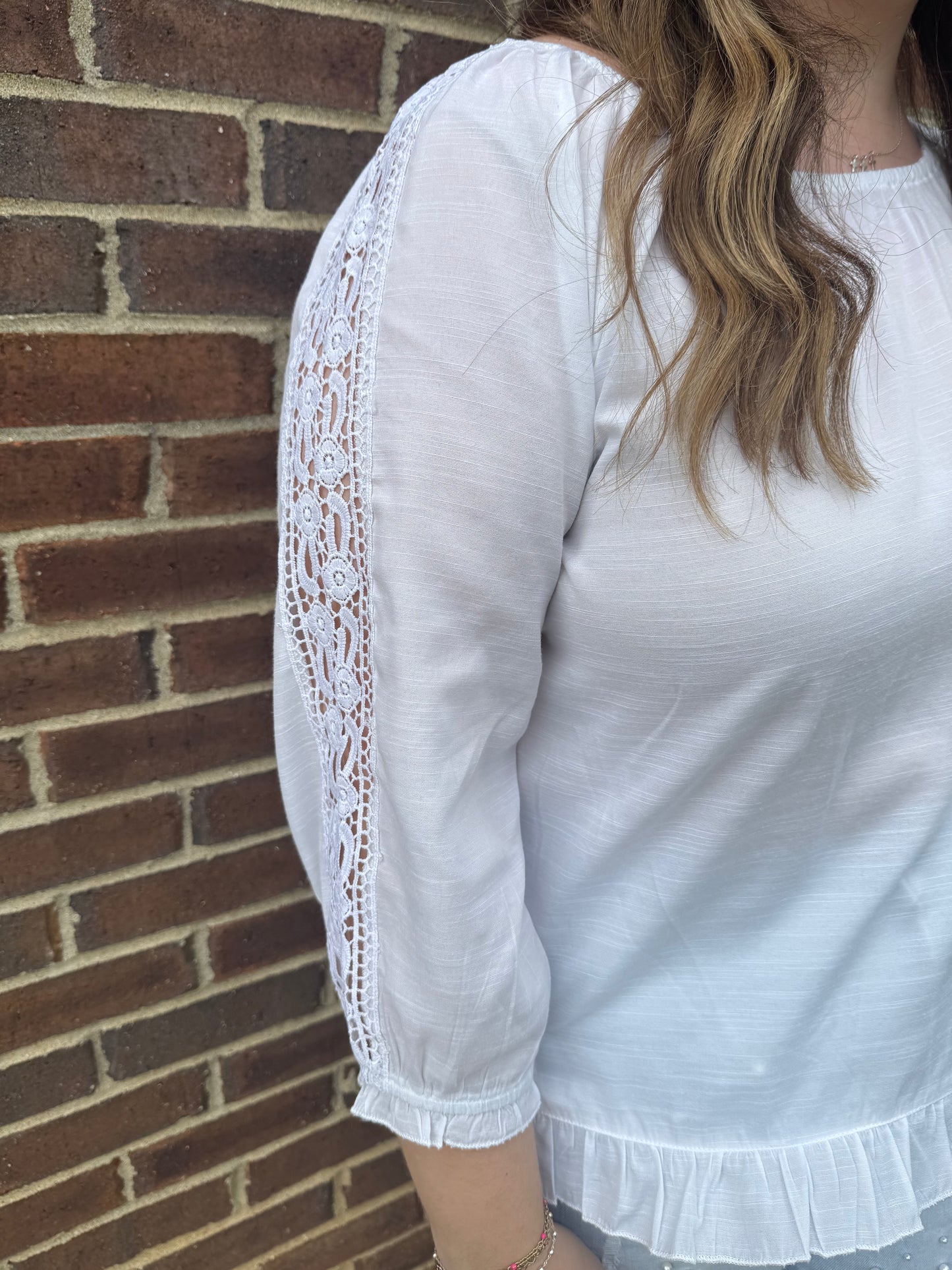 Keren Hart White Blouse with Crochet Arms and Ruffle Hem