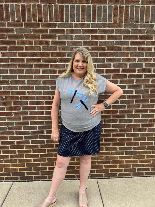 Keren Hart Grey Short Sleeve Sweater with Dragonfly Detail