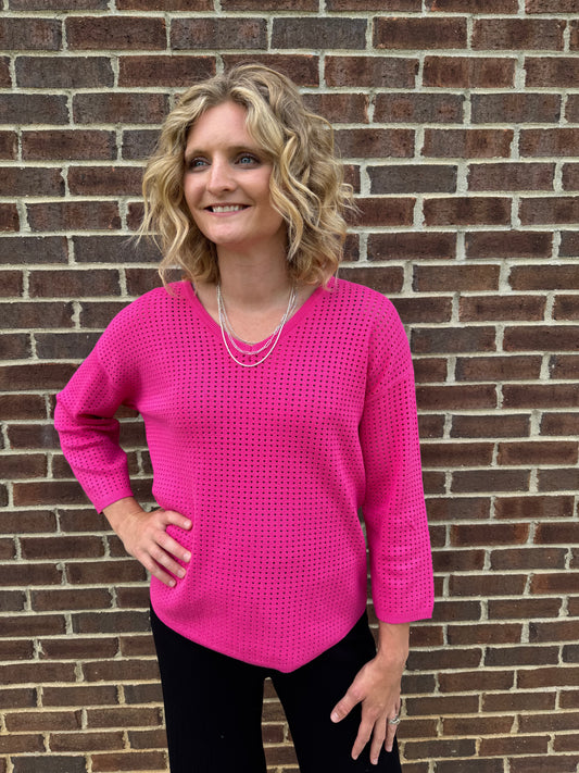 Keren Hart Hot Pink Open Weave 3/4 Sleeve Sweater