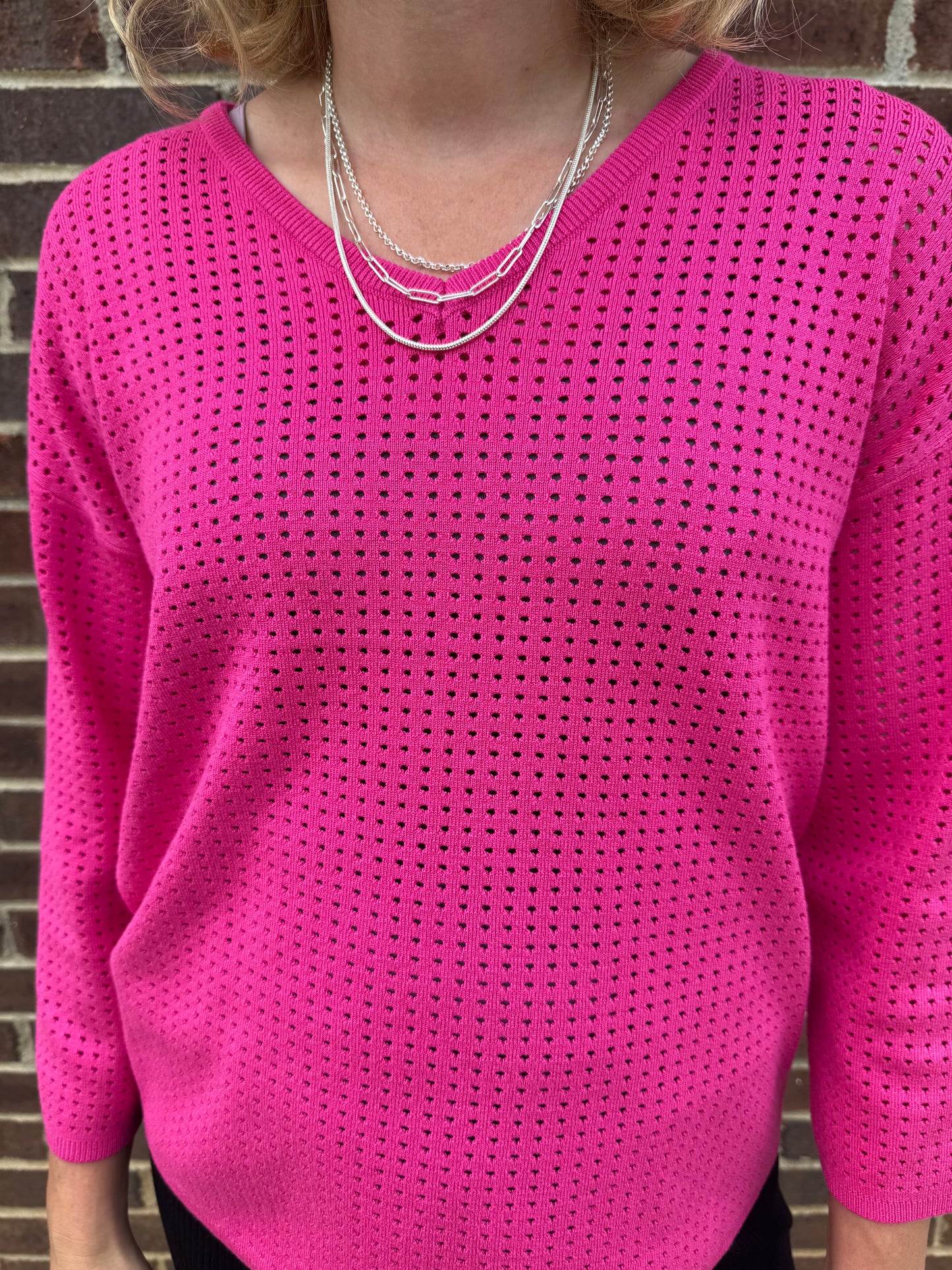Keren Hart Hot Pink Open Weave 3/4 Sleeve Sweater