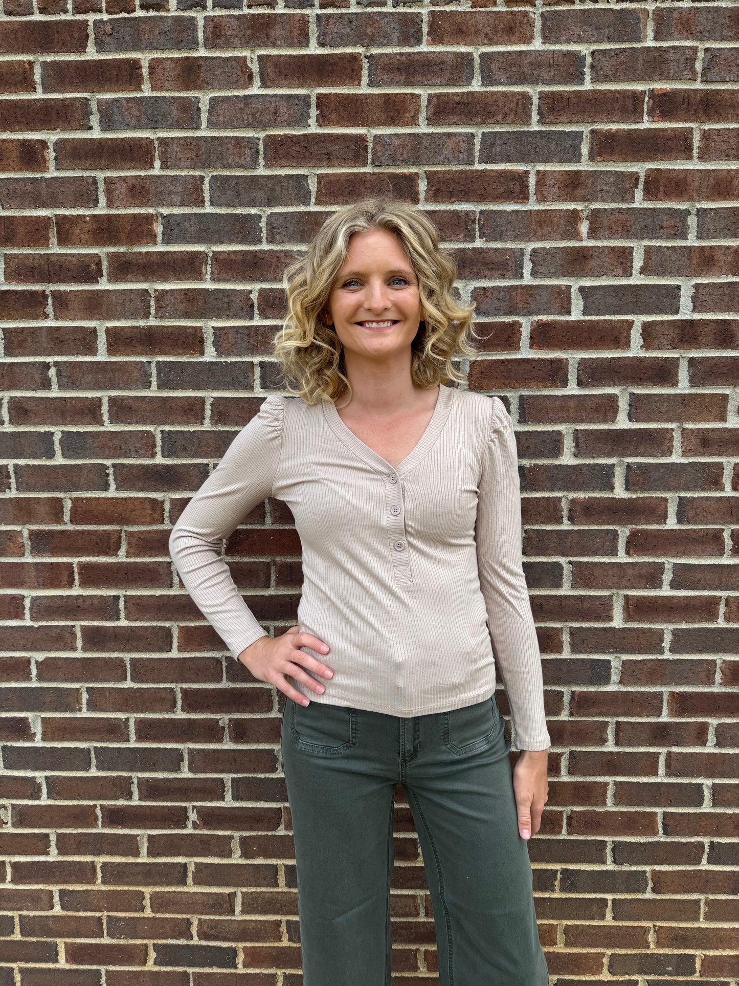 Keren Hart Beige Ribbed Long Sleeve Top with Button Vneck