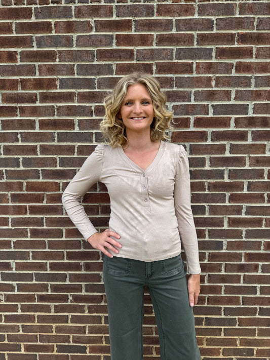 Keren Hart Beige Ribbed Long Sleeve Top with Button Vneck