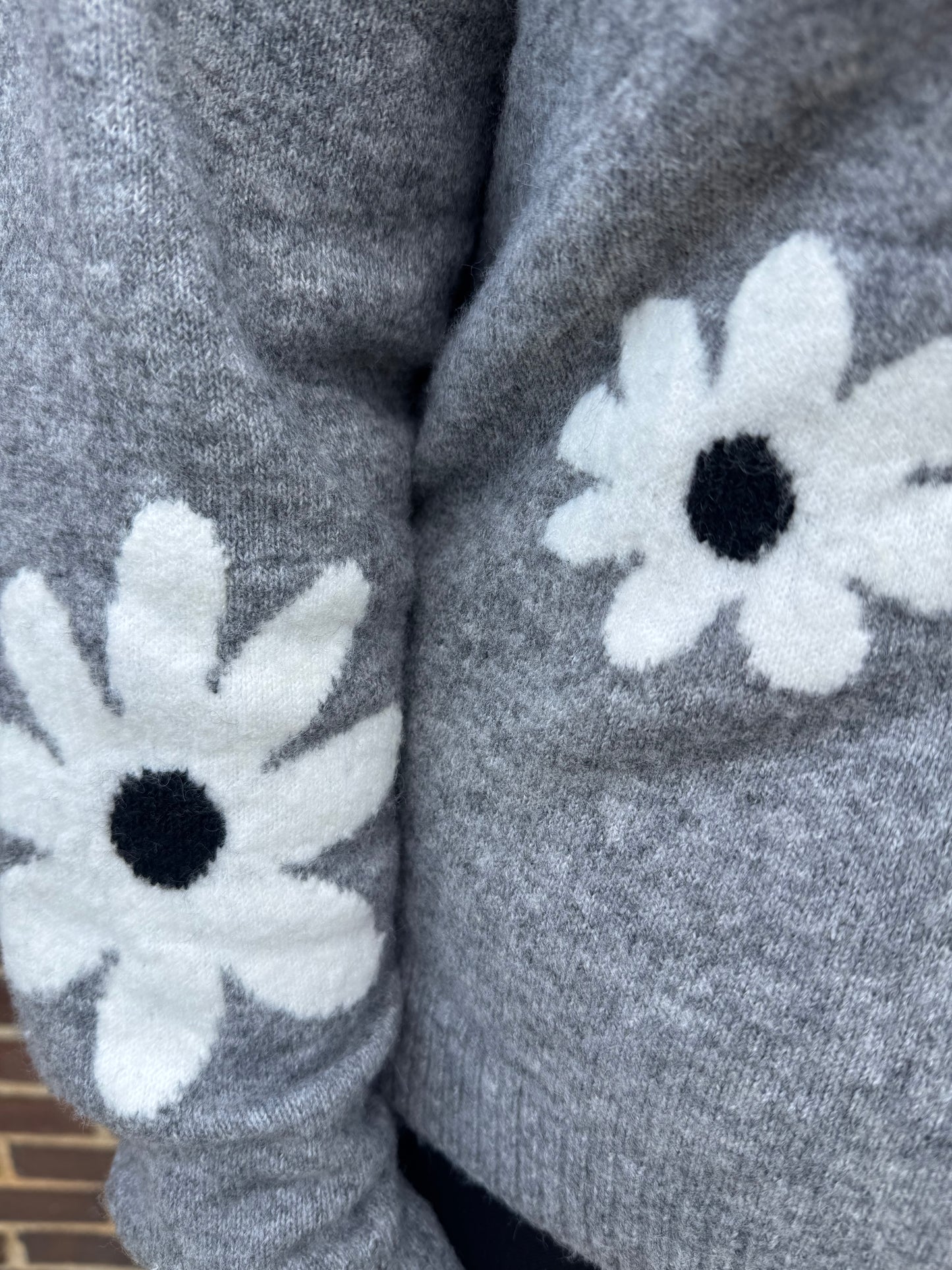 Keren Hart Grey Soft Knit Sweater with Black & White Flowers