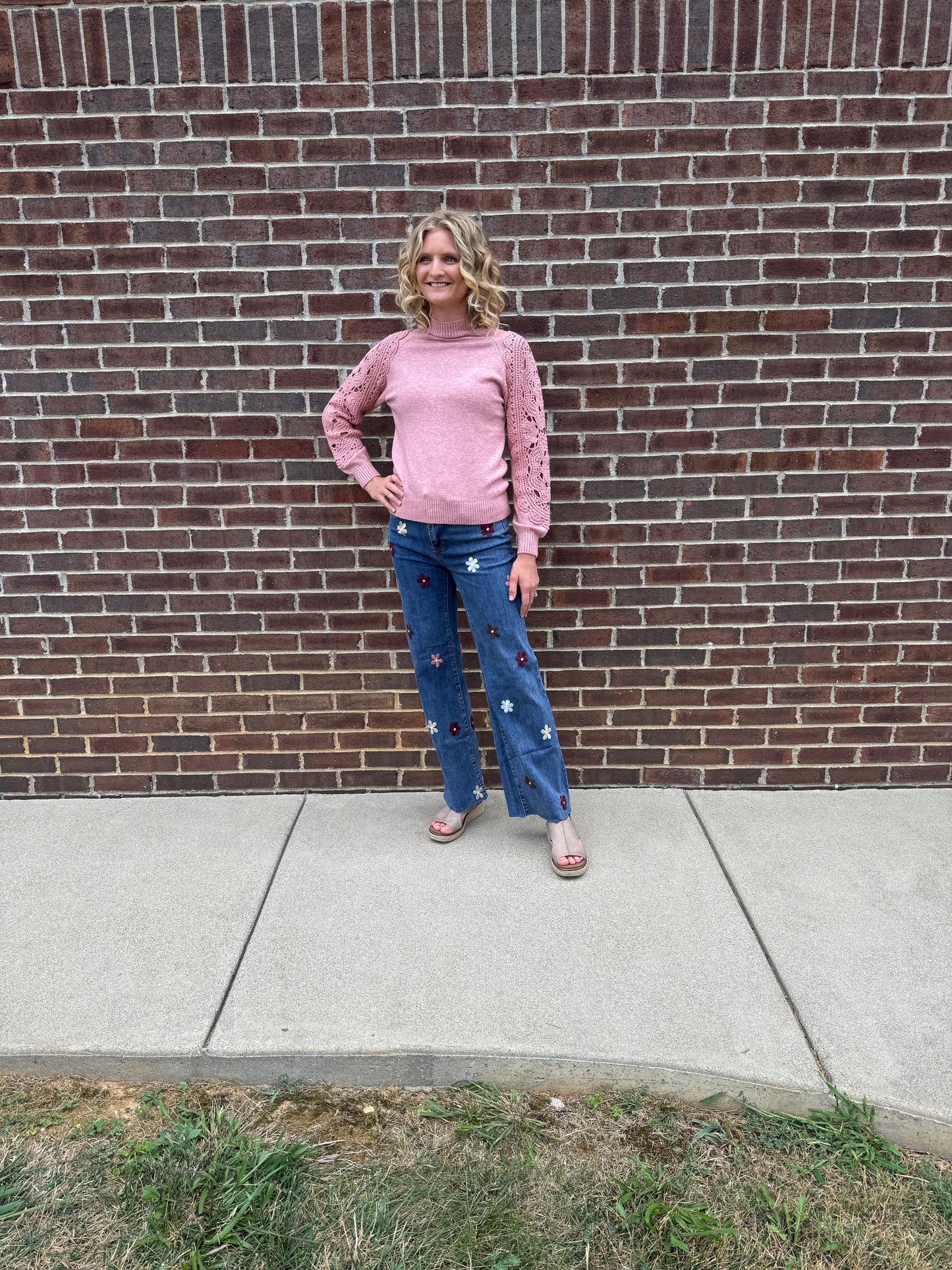 Charlie B Wide Leg Stretch Denim Pants With Allover Flower Patches