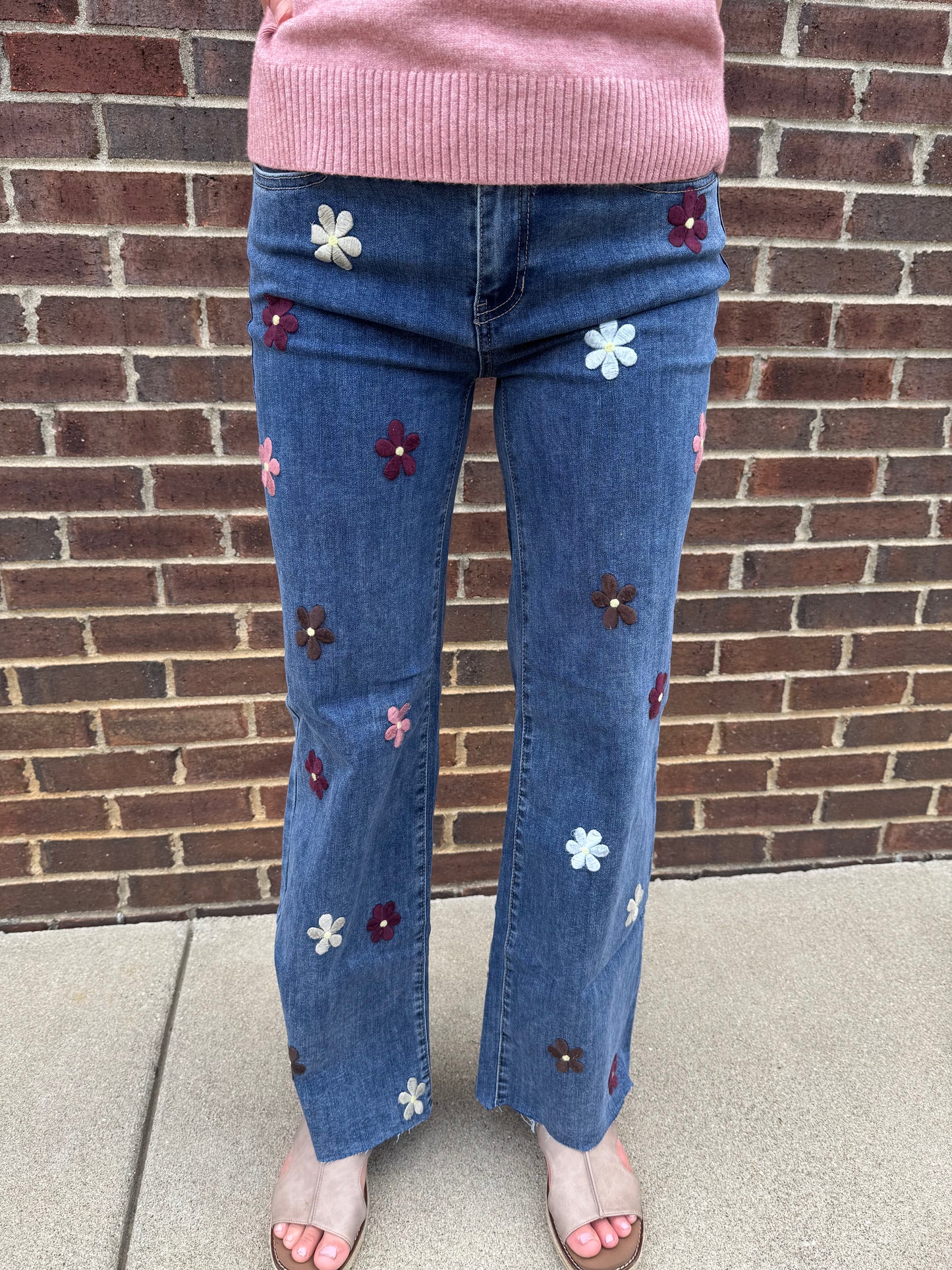 Charlie B Wide Leg Stretch Denim Pants With Allover Flower Patches