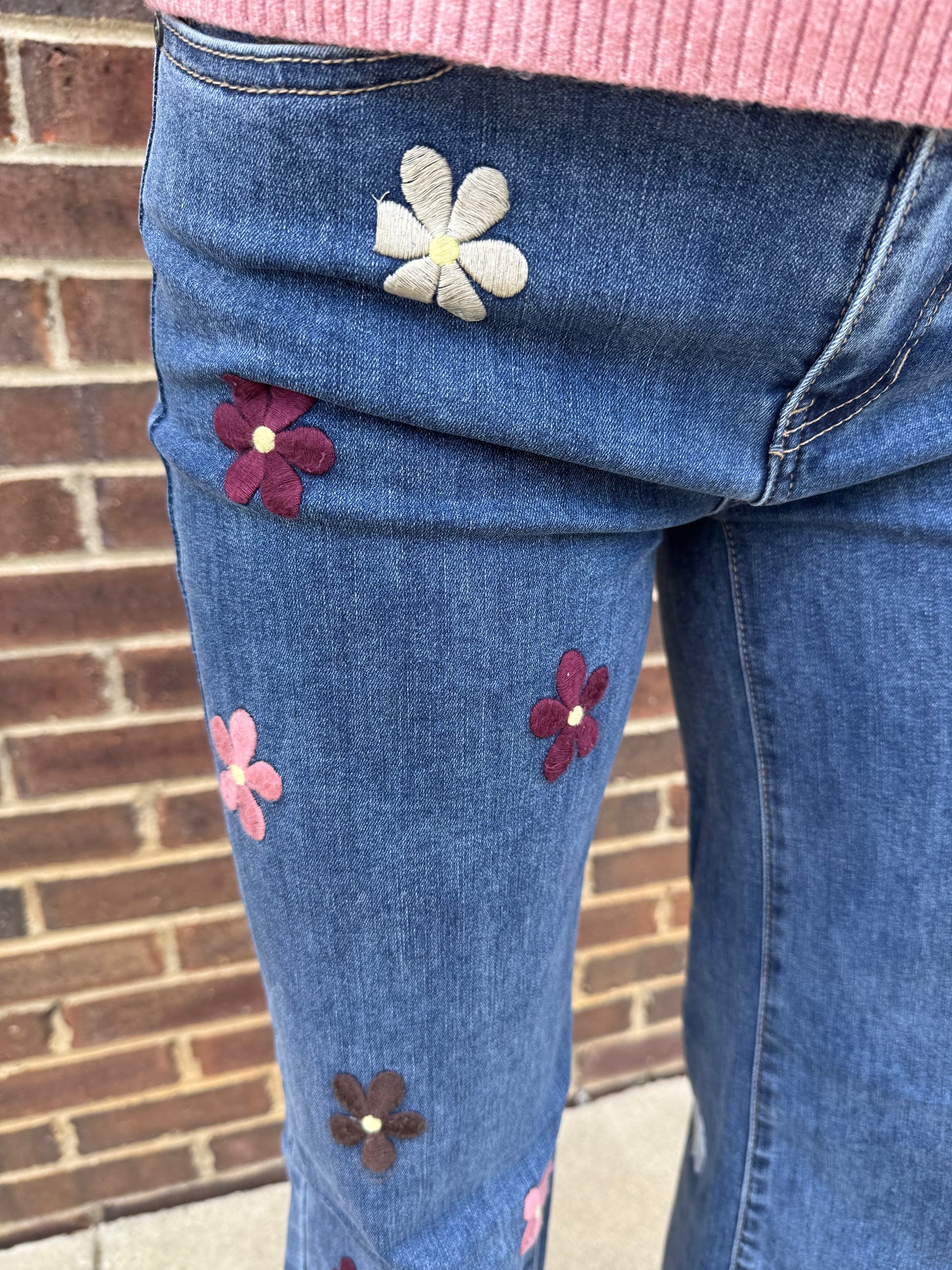 Charlie B Wide Leg Stretch Denim Pants With Allover Flower Patches