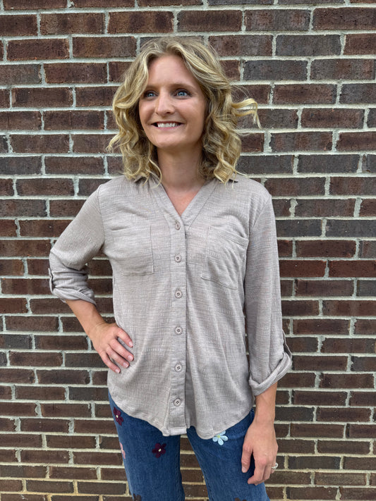 Sand Beige Textured 3/4 Sleeve Button Top