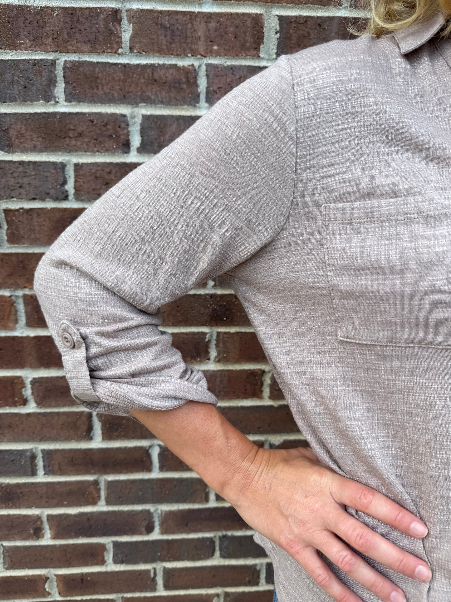 Sand Beige Textured 3/4 Sleeve Button Top