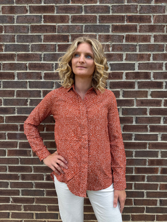 Keren Hart Button Down Polka Dot Burt Orange Top