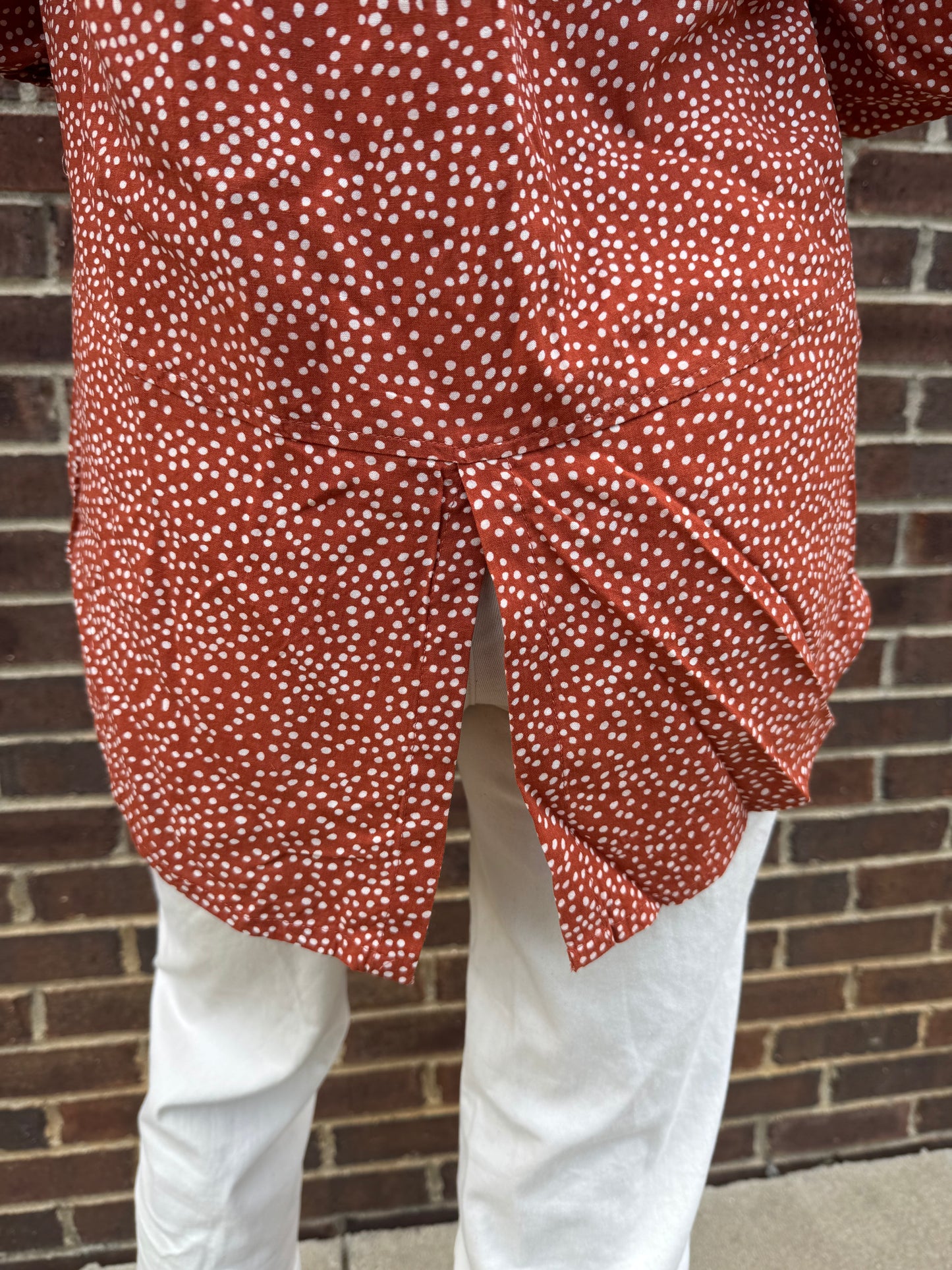 Keren Hart Button Down Polka Dot Burt Orange Top