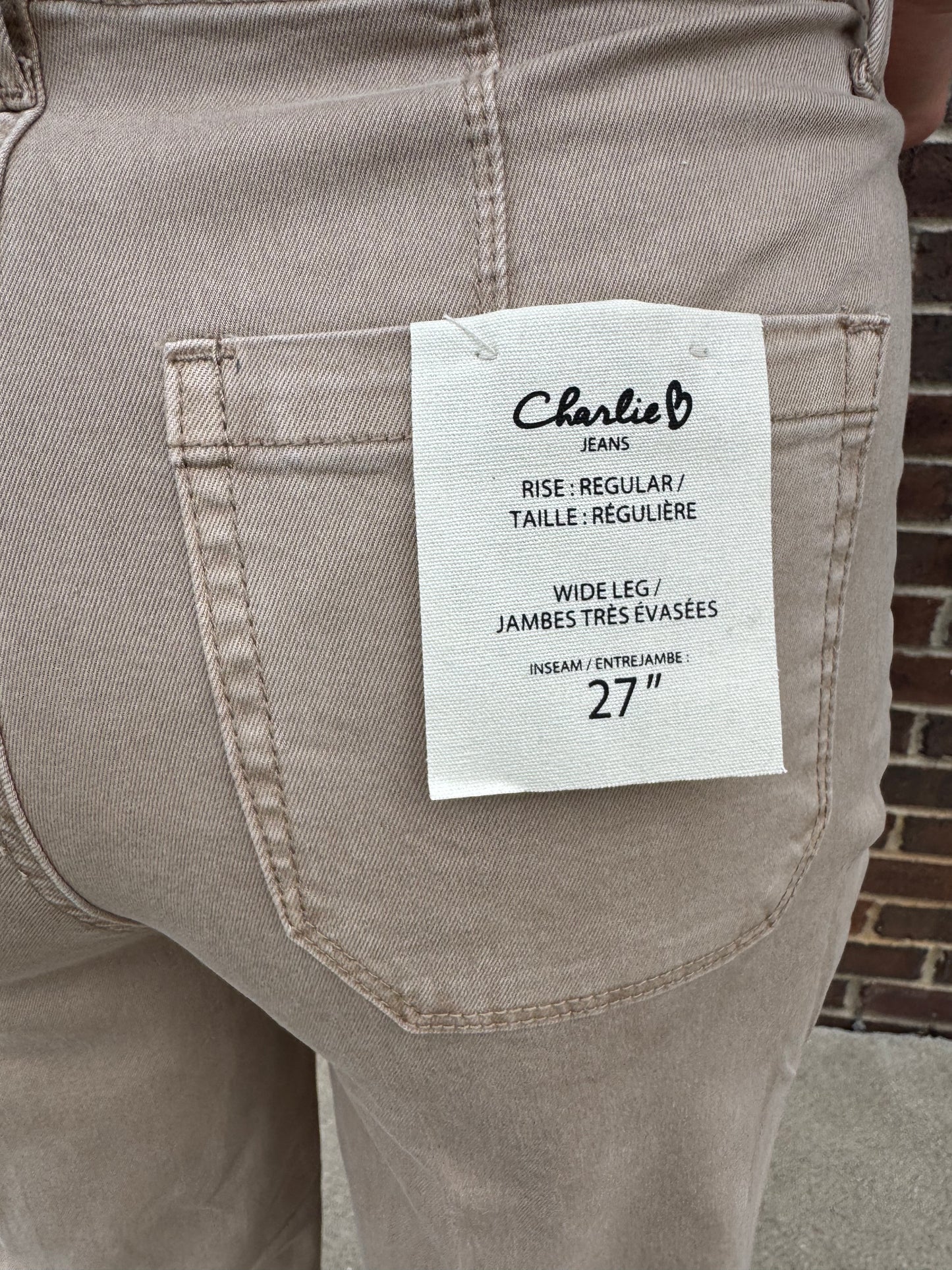 Charlie B Cropped Wide Leg Colored Twill Pants With Rectangular Patch - Sesame