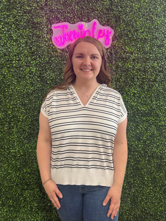 Keren Hart White Hooded Sweater with Black Stripes