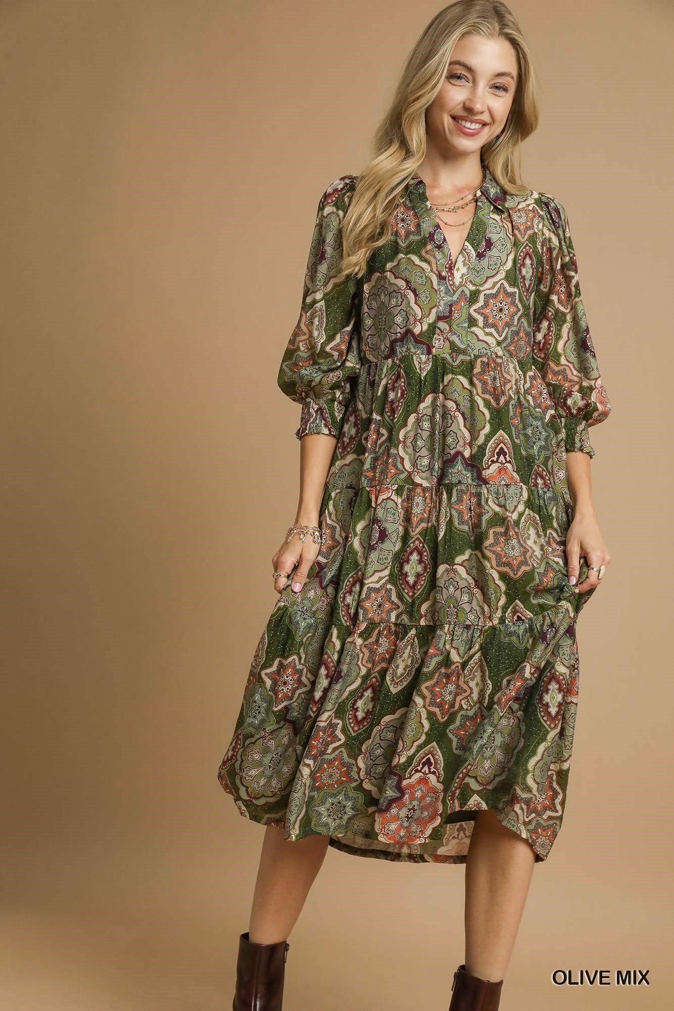 Umgee Boho Print Tiered Midi Dress