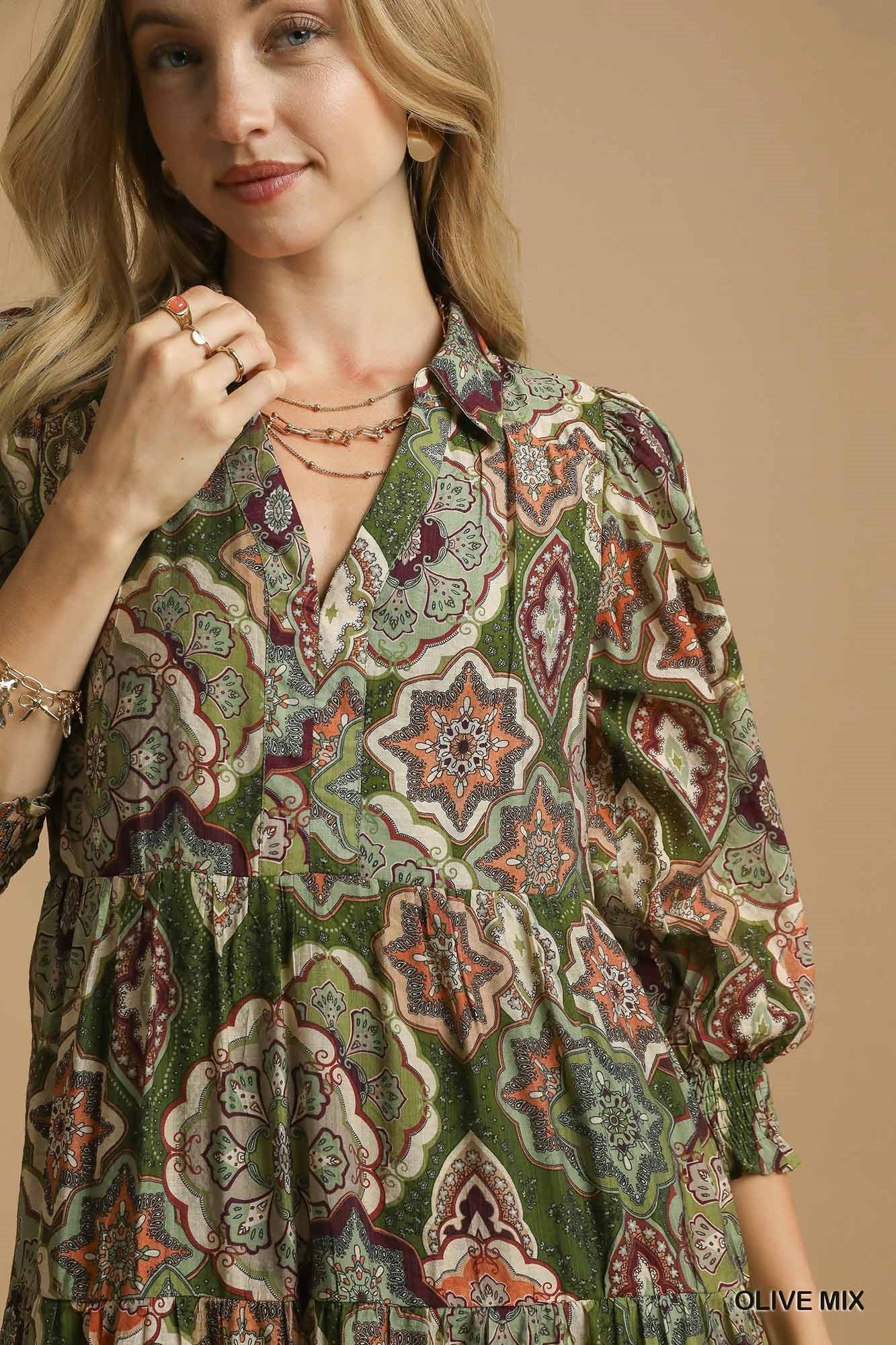 Umgee Boho Print Tiered Midi Dress