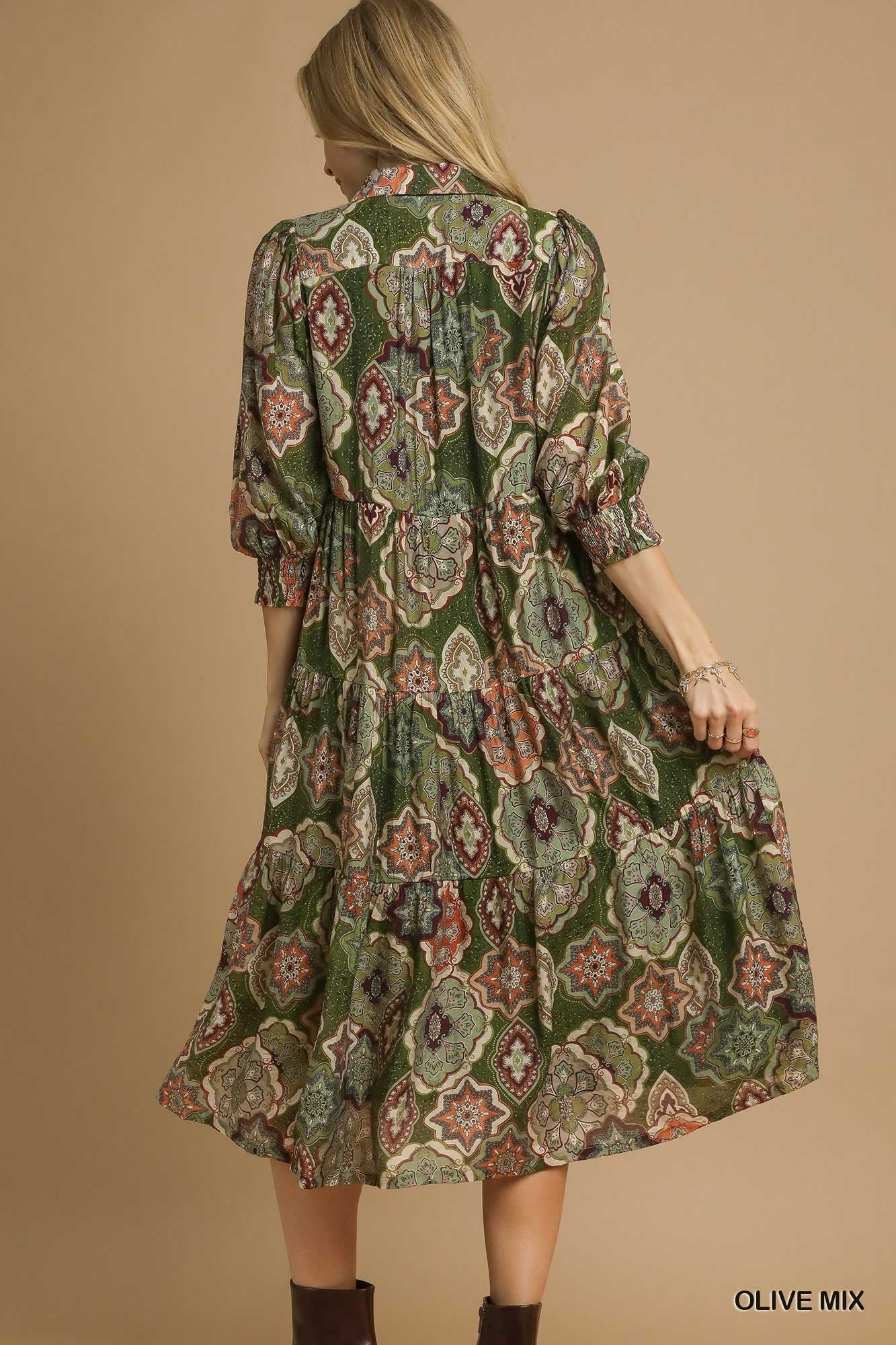 Umgee Boho Print Tiered Midi Dress